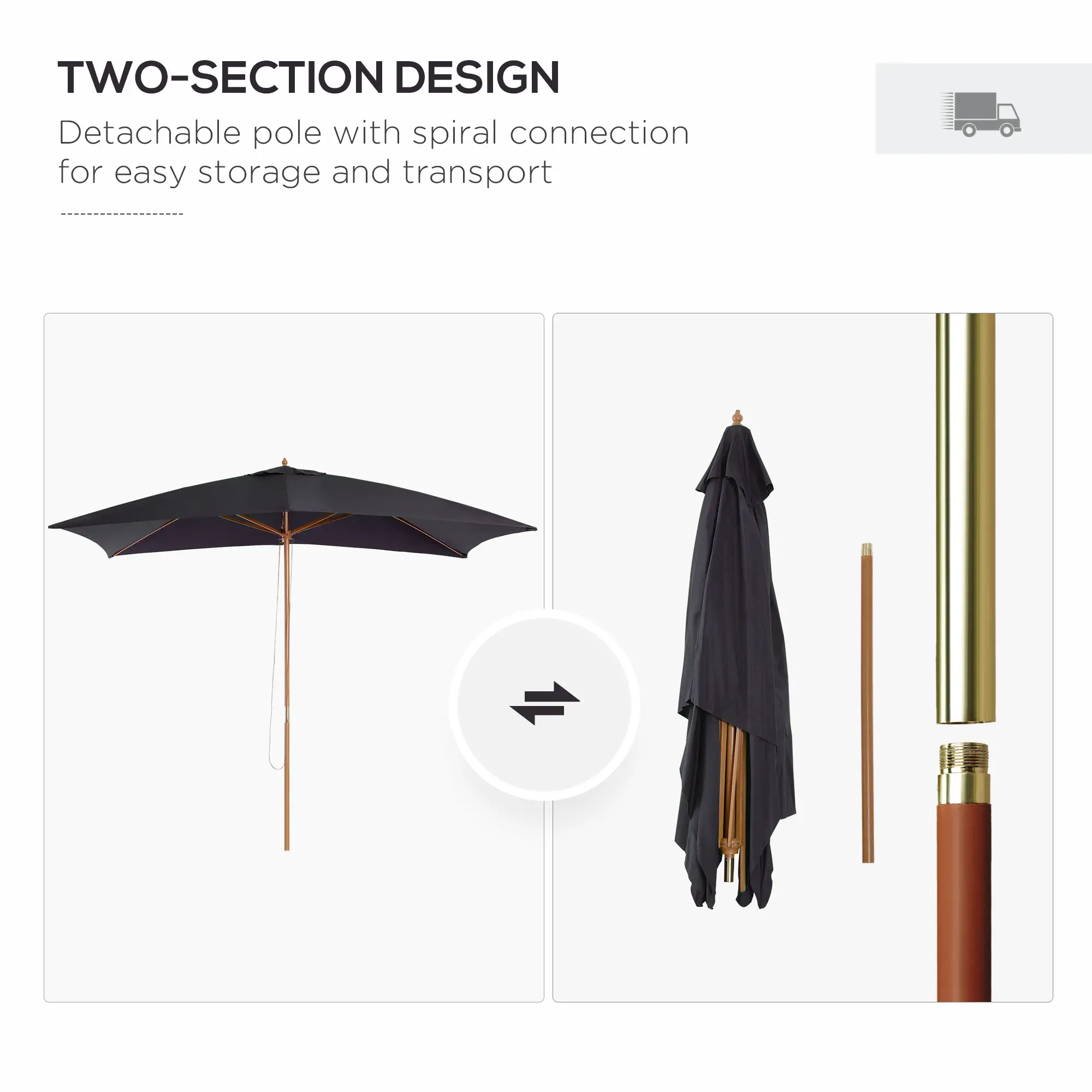 7' x 10' Wooden Patio Umbrella, Rectangle Garden Parasol, Outdoor Sunshade Canopy, Bamboo Ribs, Black - Image 5