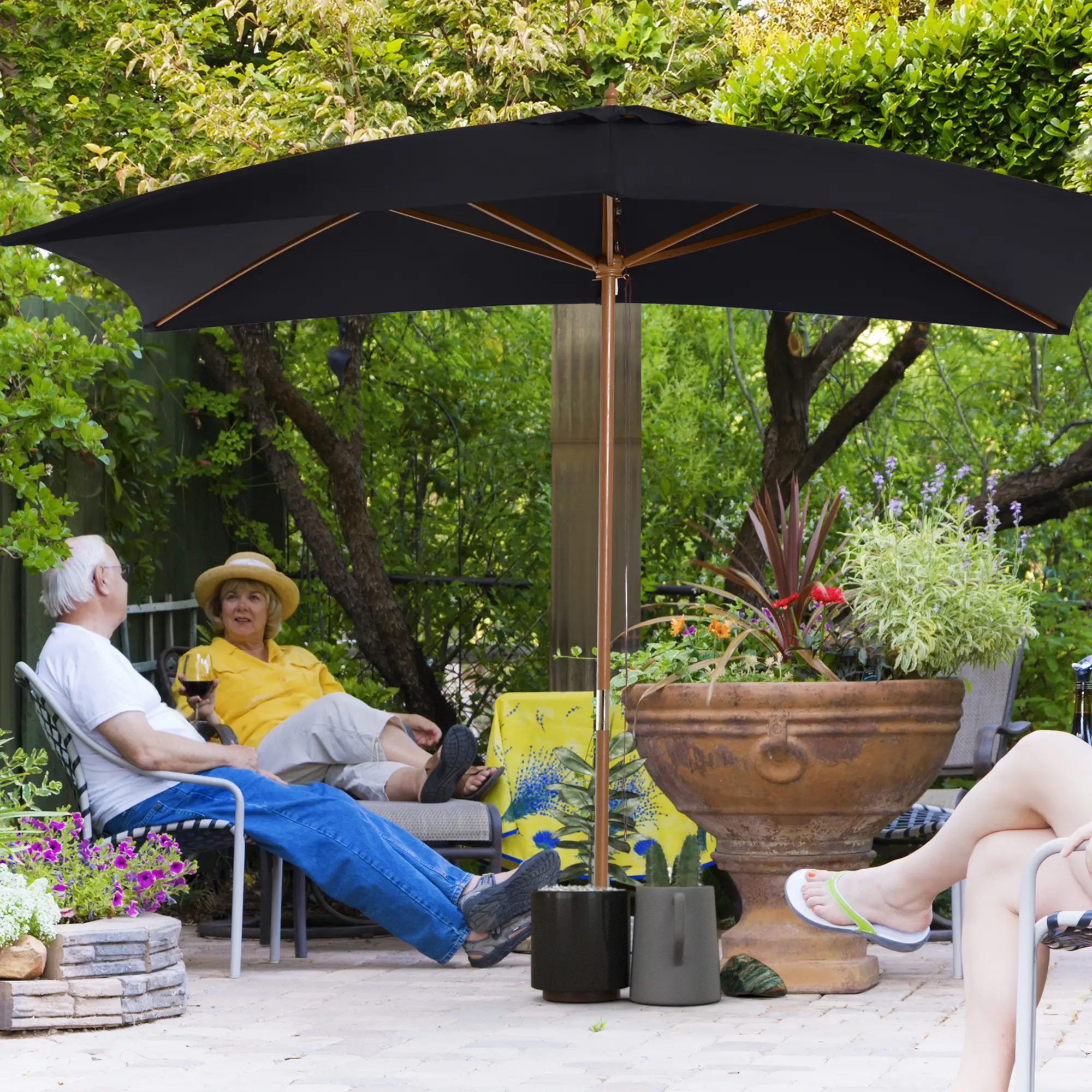 7' x 10' Wooden Patio Umbrella, Rectangle Garden Parasol, Outdoor Sunshade Canopy, Bamboo Ribs, Black - Image 8