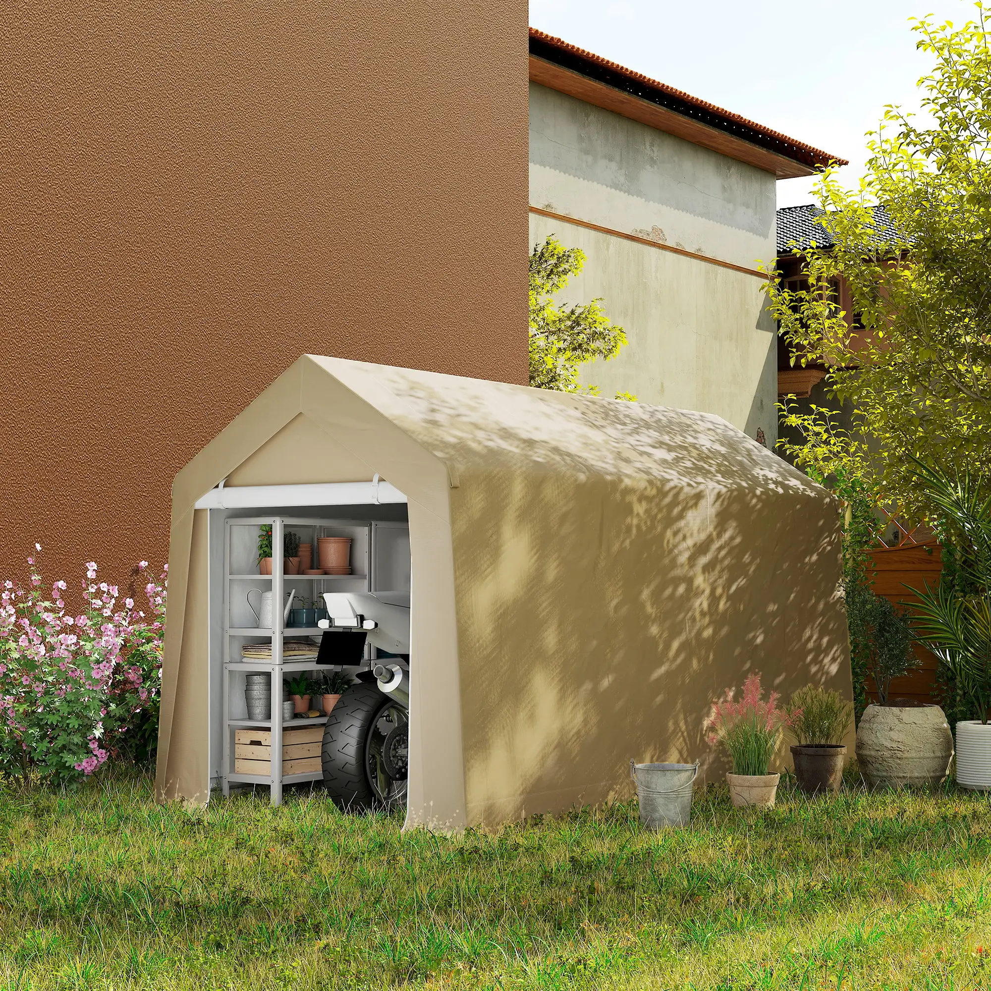 7' x 12' Outdoor Storage Shed, Portable Garage, Roll-up Door, Beige - Image 2