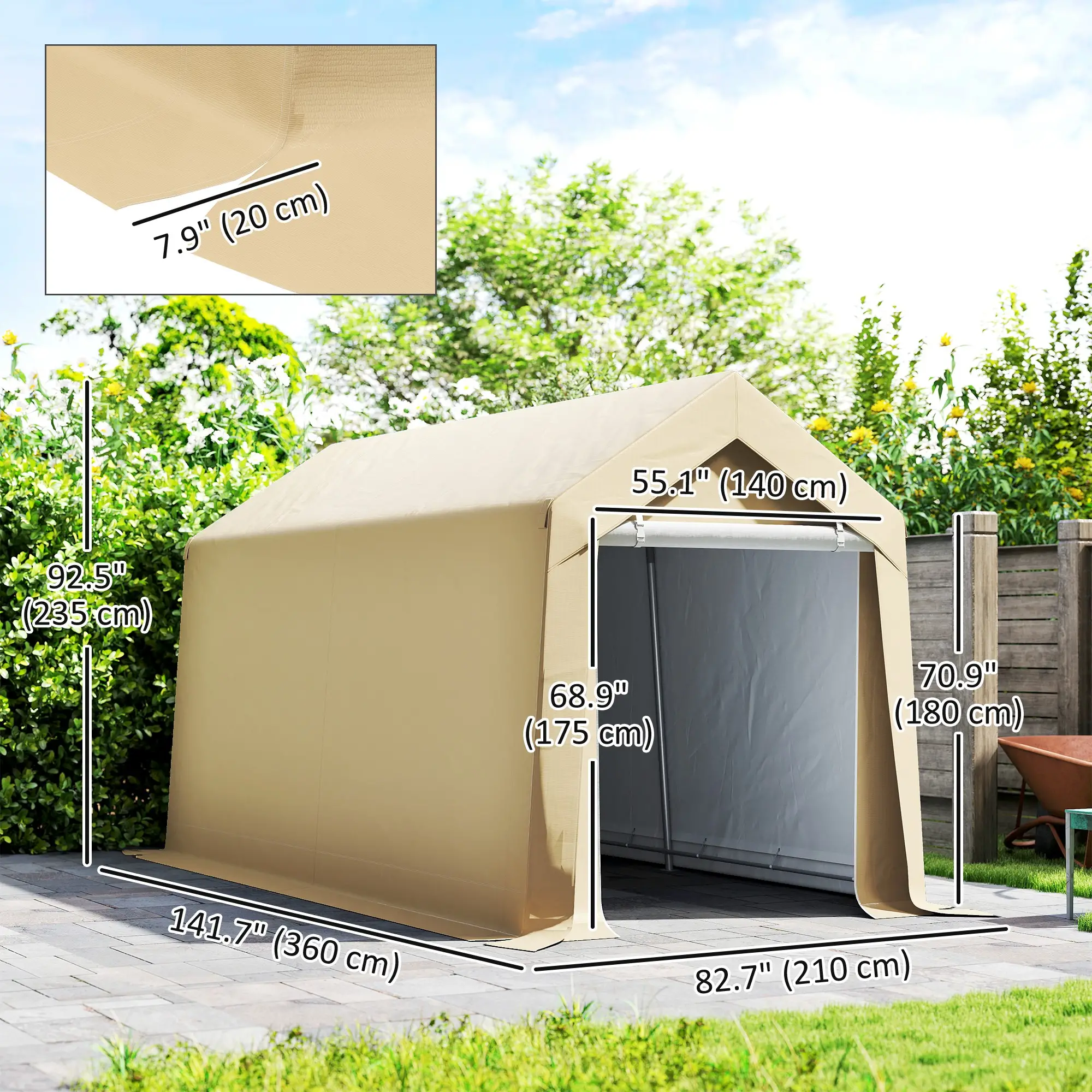 7' x 12' Outdoor Storage Shed, Portable Garage, Roll-up Door, Beige - Image 3