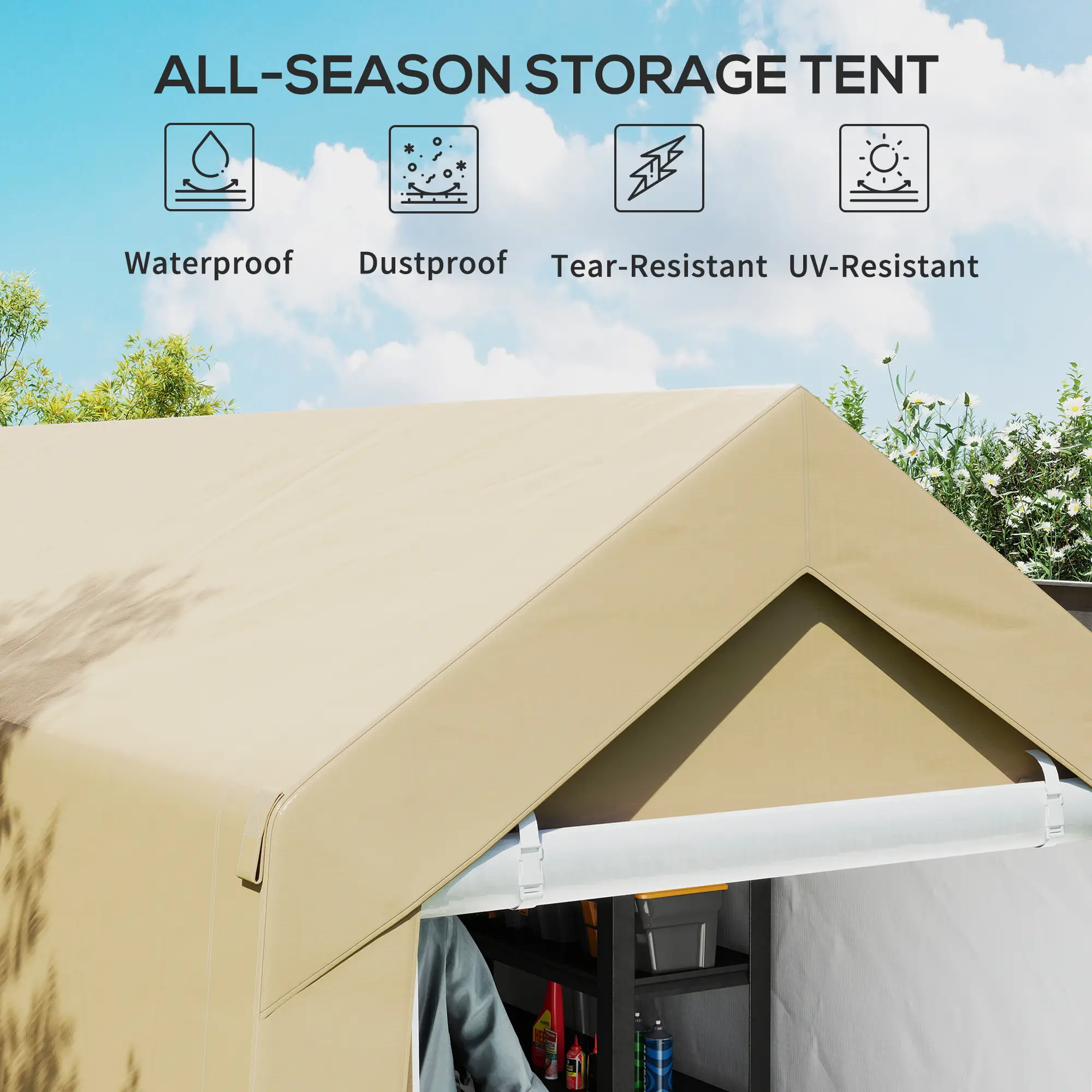 7' x 12' Outdoor Storage Shed, Portable Garage, Roll-up Door, Beige - Image 4