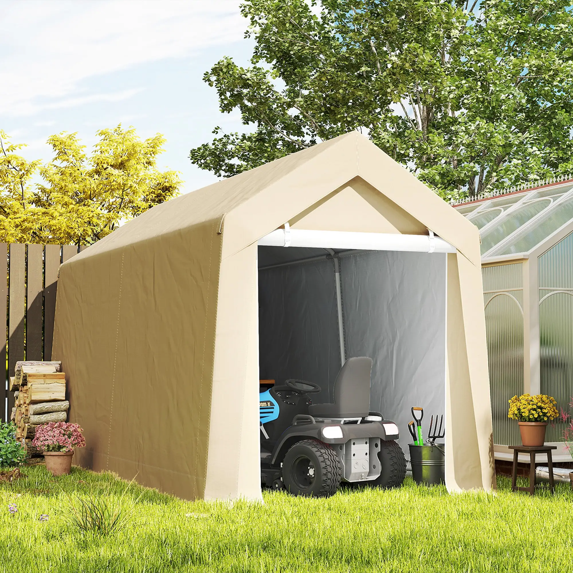 7' x 12' Outdoor Storage Shed, Portable Garage, Roll-up Door, Beige - Image 8