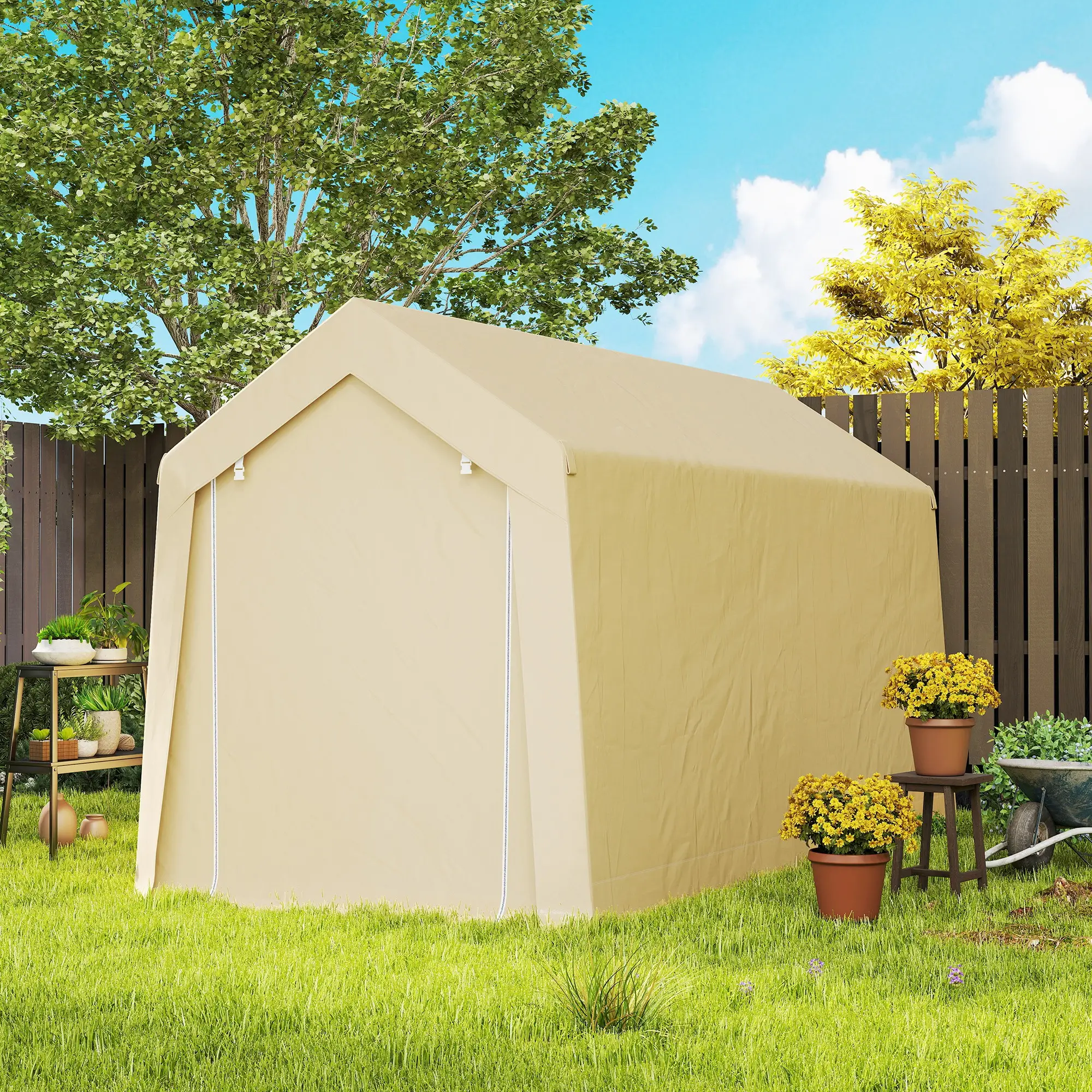 7' x 12' Outdoor Storage Shed, Portable Garage, Roll-up Door, Beige - Image 9