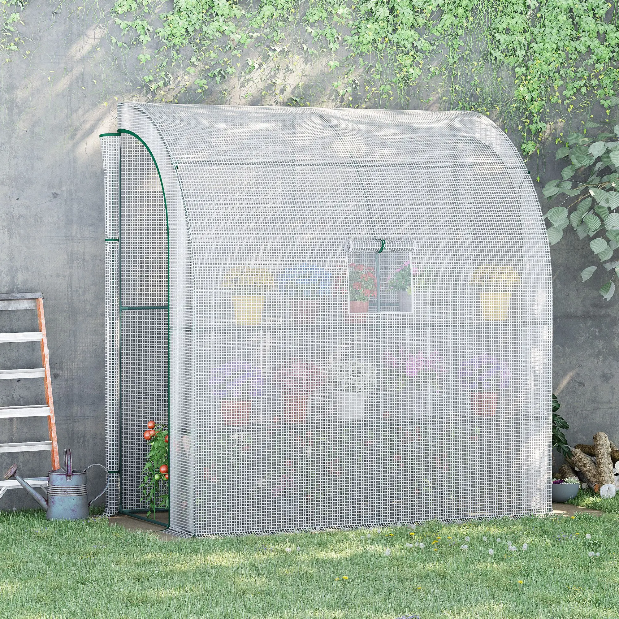 7' x 3' x 7' Walk-In Greenhouse, Roll-Up Mesh Windows, Zipper Door, White - Image 2