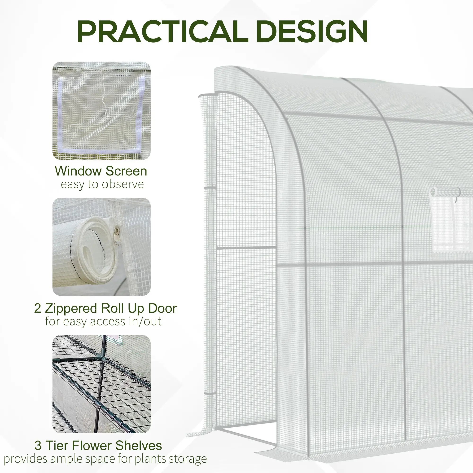7' x 3' x 7' Walk-In Greenhouse, Roll-Up Mesh Windows, Zipper Door, White - Image 6