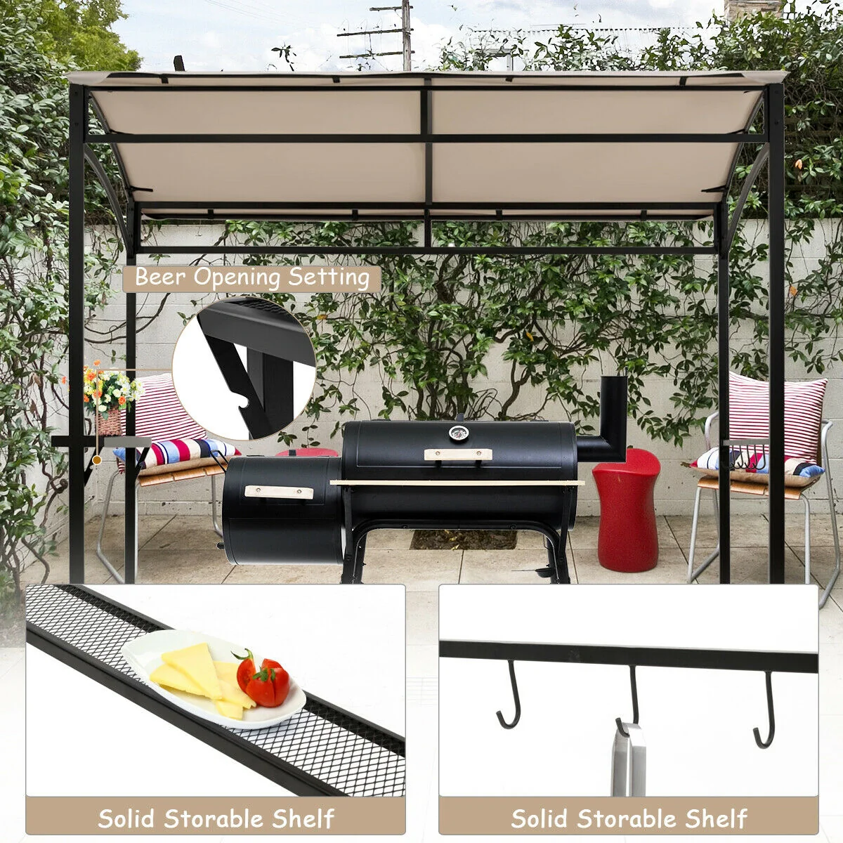 7 x 4.5 Feet Grill Gazebo, Outdoor Patio Garden BBQ Canopy Shelter, Beige - Image 10