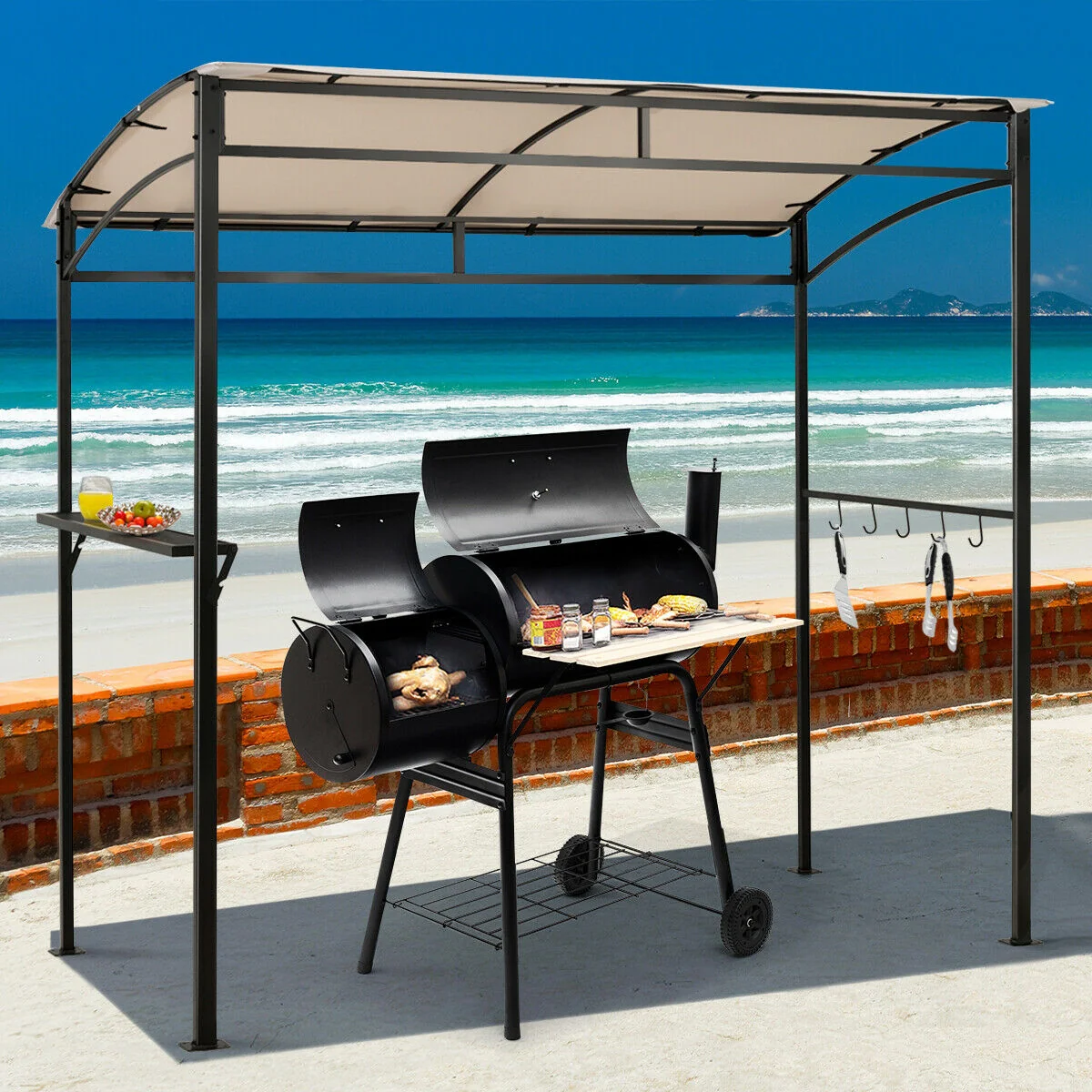 7 x 4.5 Feet Grill Gazebo, Outdoor Patio Garden BBQ Canopy Shelter, Beige - Image 2
