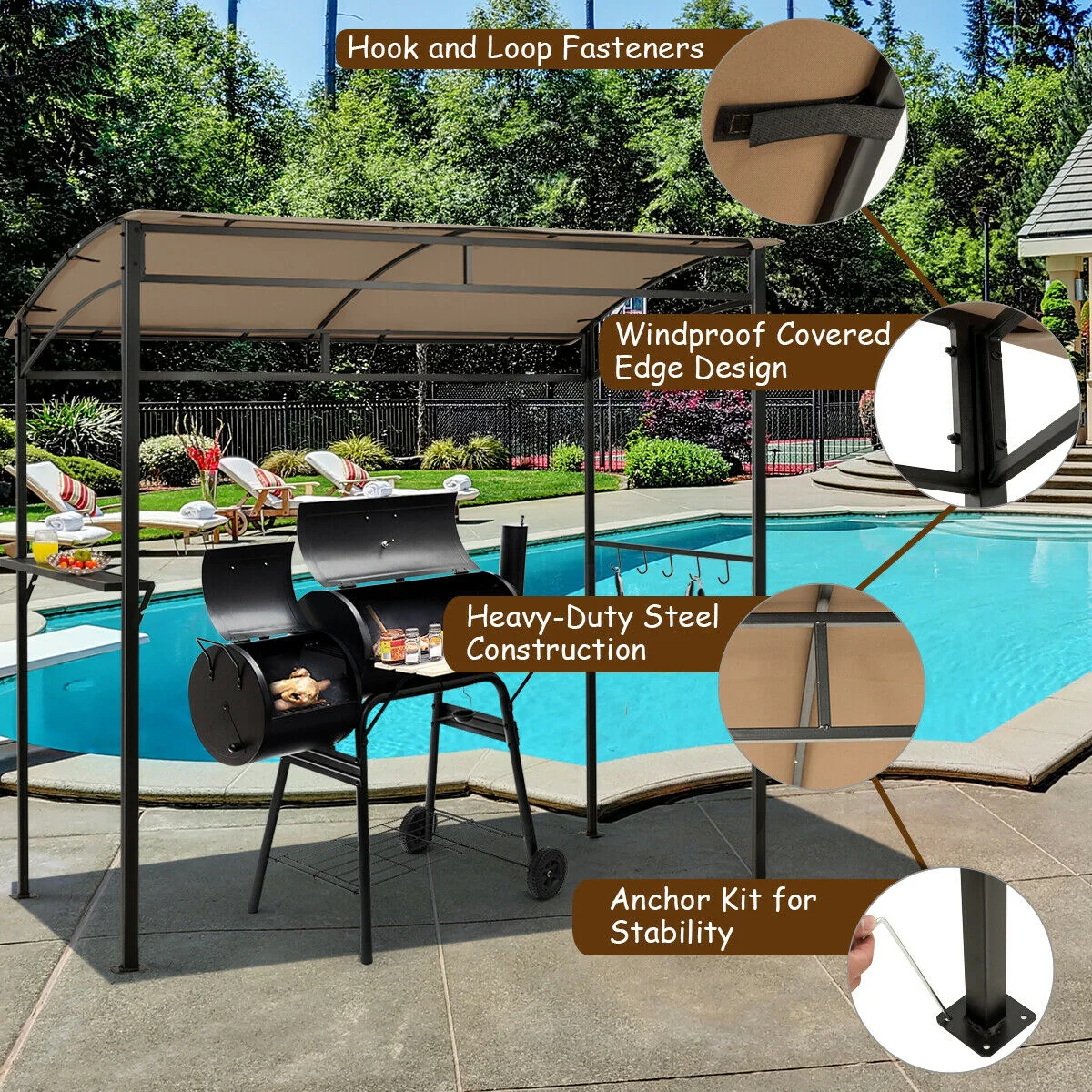 7 x 4.5 Feet Grill Gazebo, Outdoor Patio Garden BBQ Canopy Shelter, Brown - Image 10