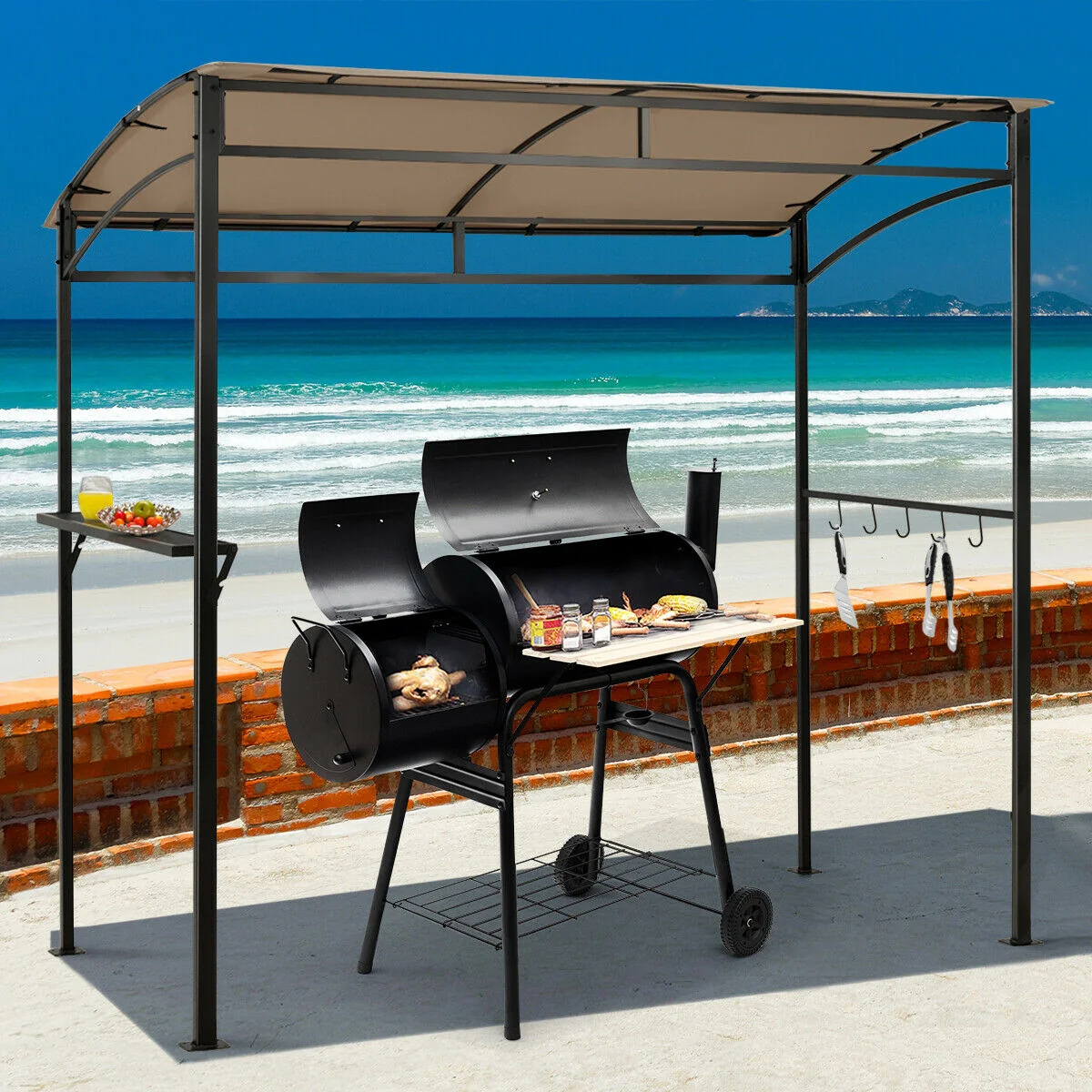7 x 4.5 Feet Grill Gazebo, Outdoor Patio Garden BBQ Canopy Shelter, Brown - Image 2
