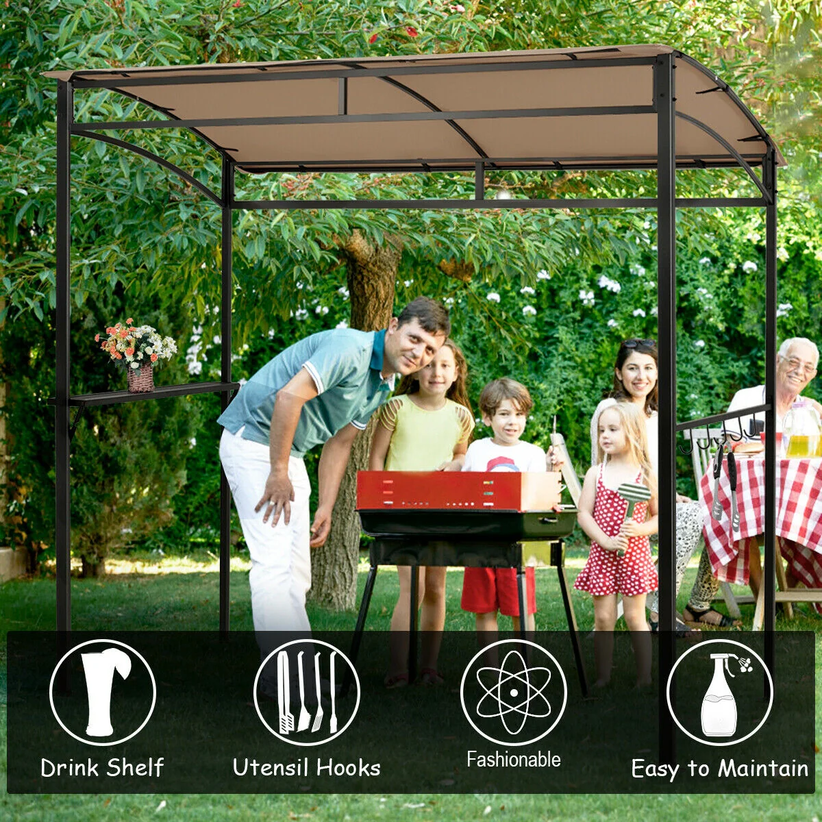 7 x 4.5 Feet Grill Gazebo, Outdoor Patio Garden BBQ Canopy Shelter, Brown - Image 8