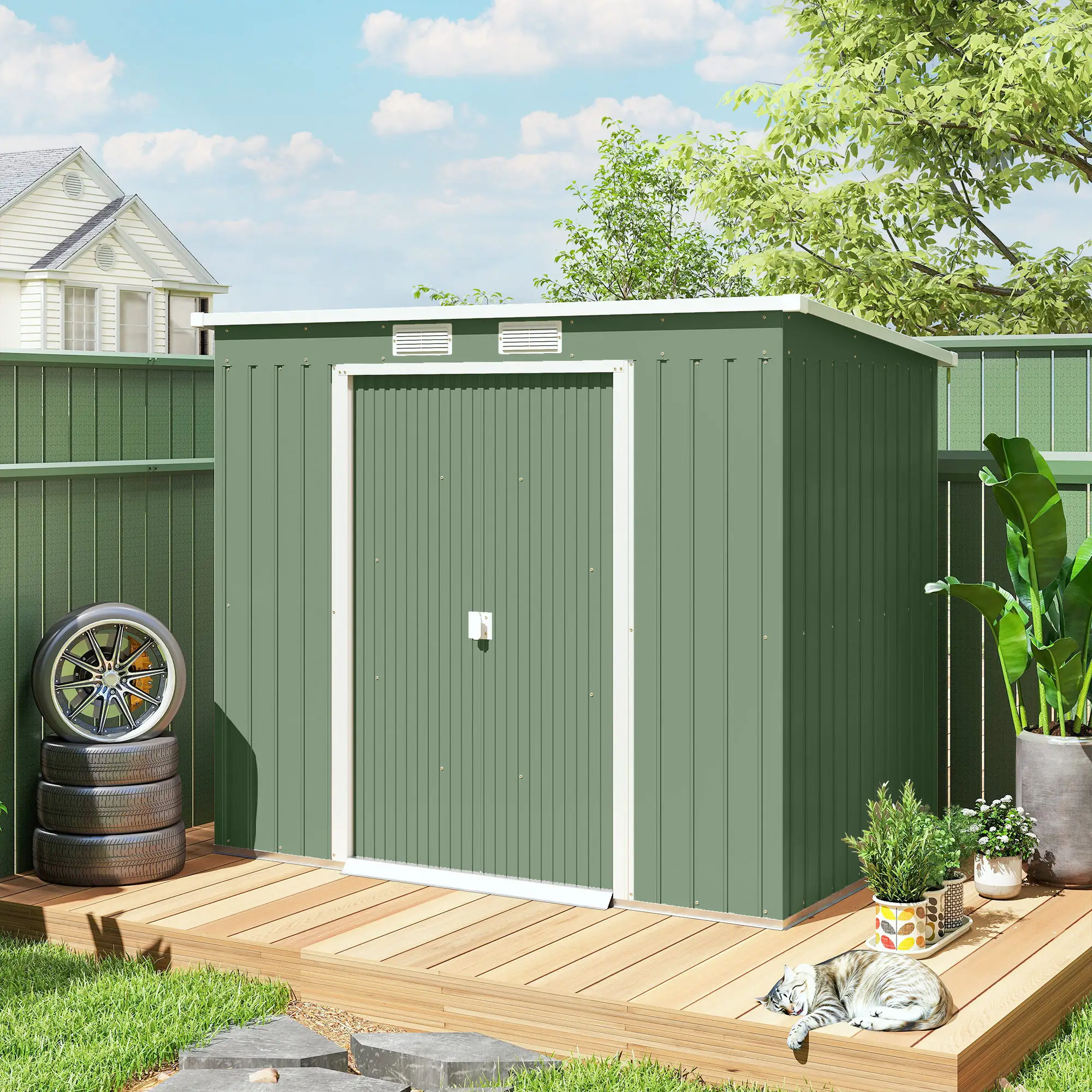 7' x 4' Galvanised Steel Garden Shed, Foundation Kit, Green - Image 10