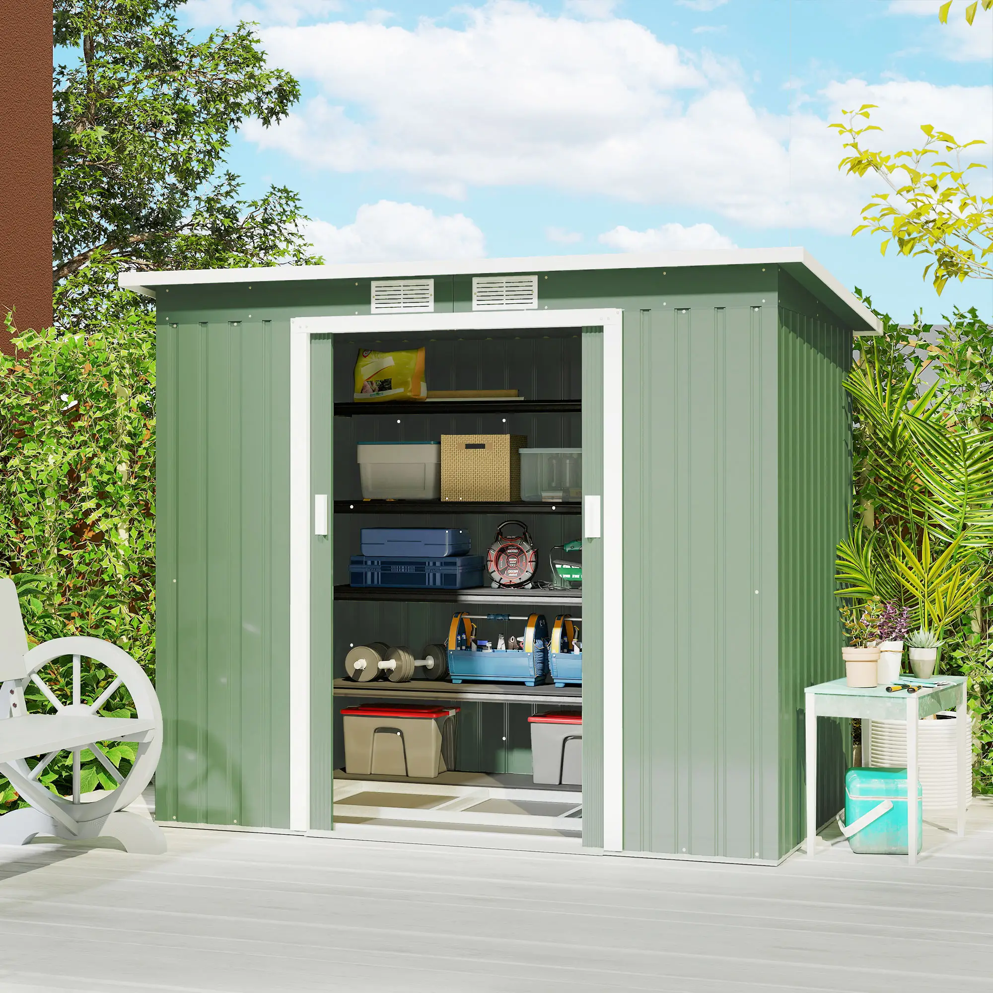 7' x 4' Galvanised Steel Garden Shed, Foundation Kit, Green - Image 2
