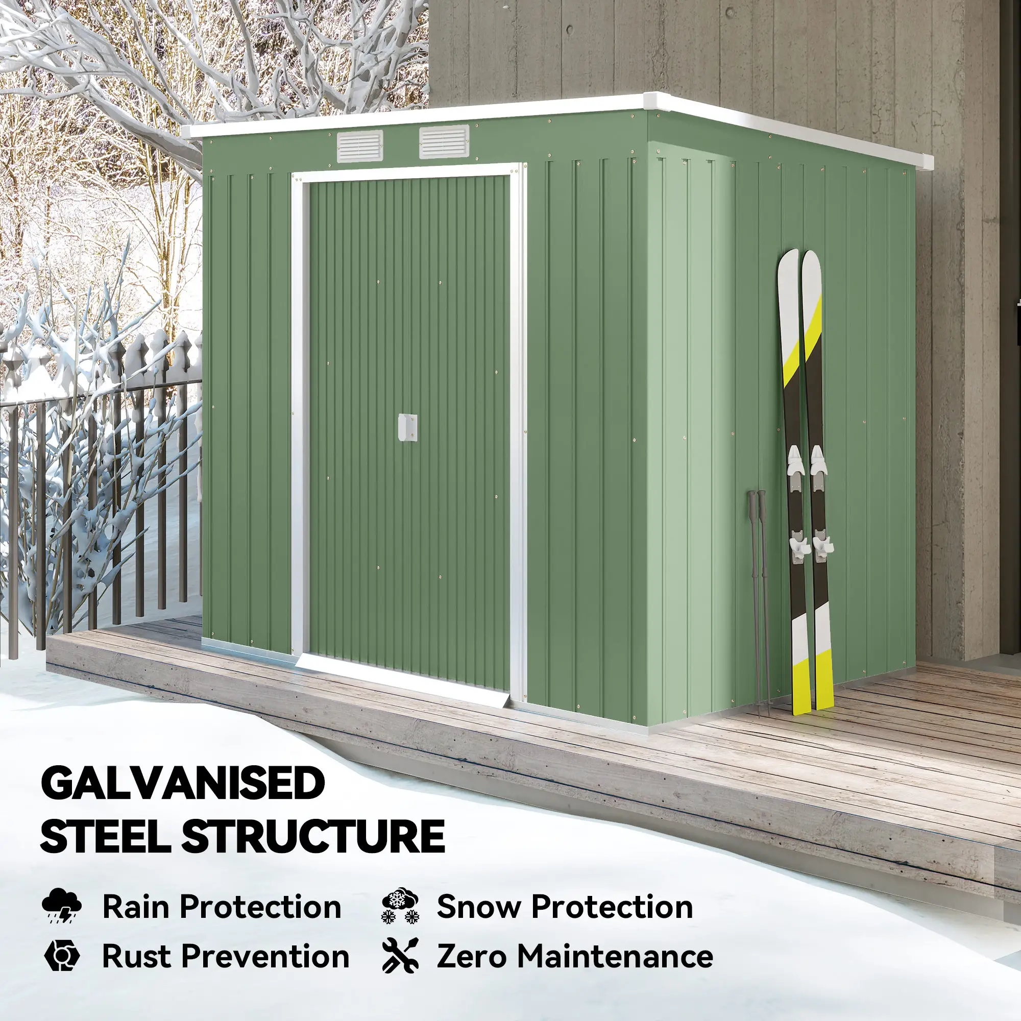 7' x 4' Galvanised Steel Garden Shed, Foundation Kit, Green - Image 4