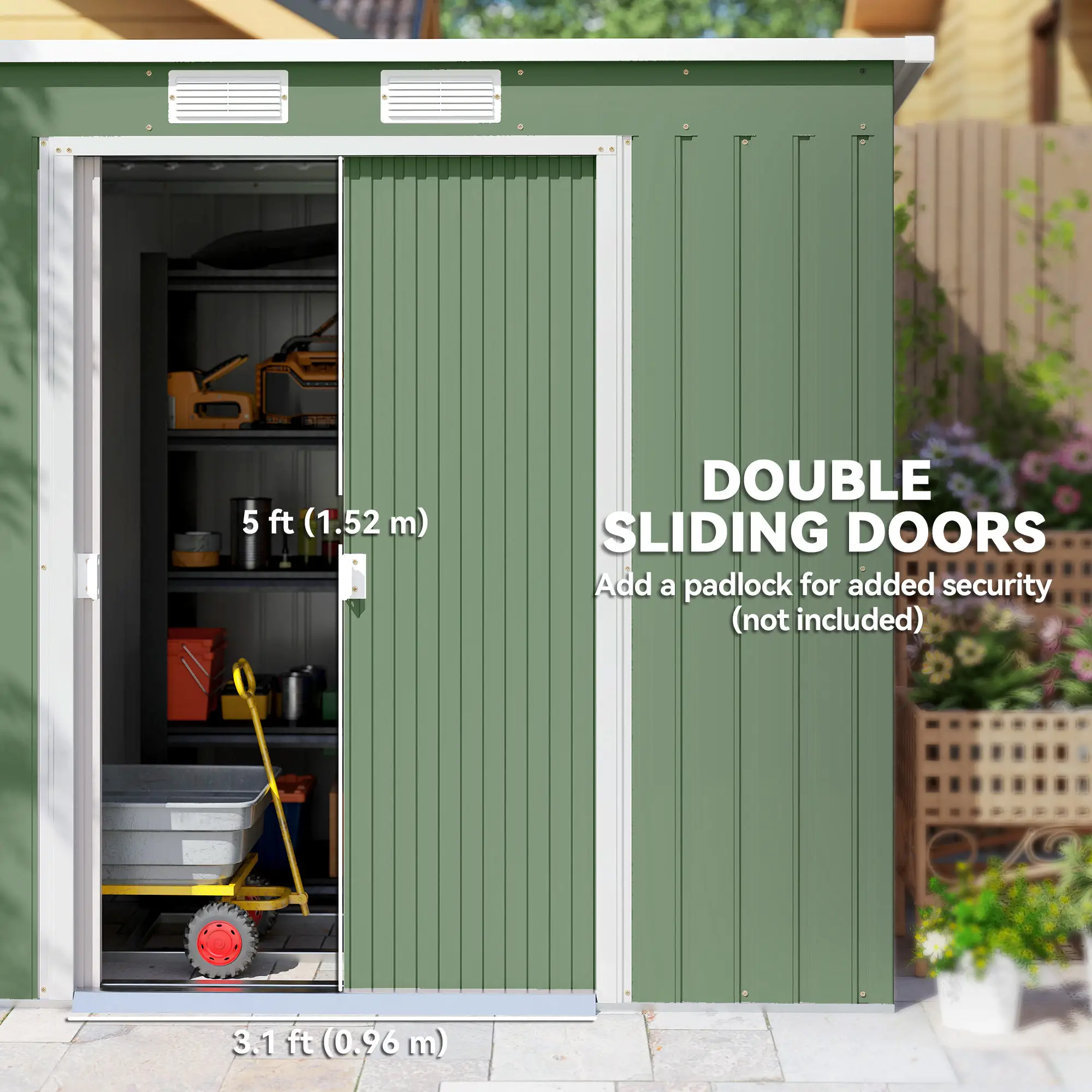 7' x 4' Galvanised Steel Garden Shed, Foundation Kit, Green - Image 5