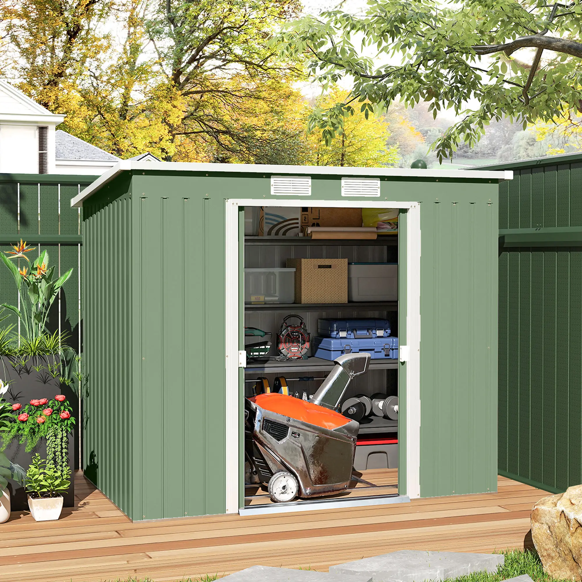 7' x 4' Galvanised Steel Garden Shed, Foundation Kit, Green - Image 8