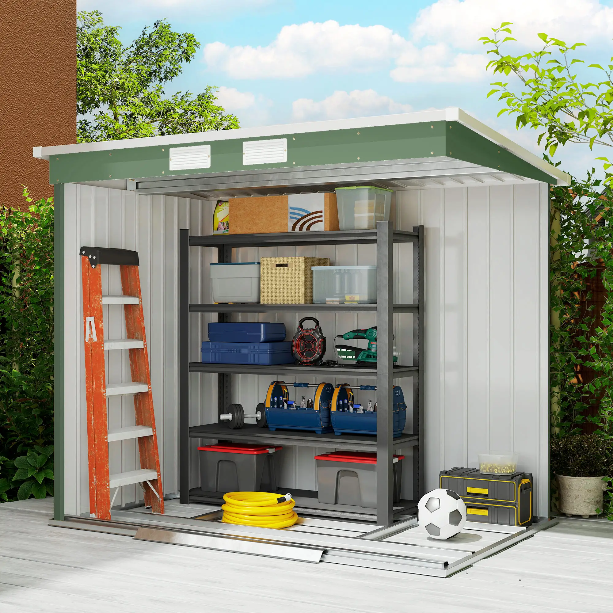 7' x 4' Galvanised Steel Garden Shed, Foundation Kit, Green - Image 9