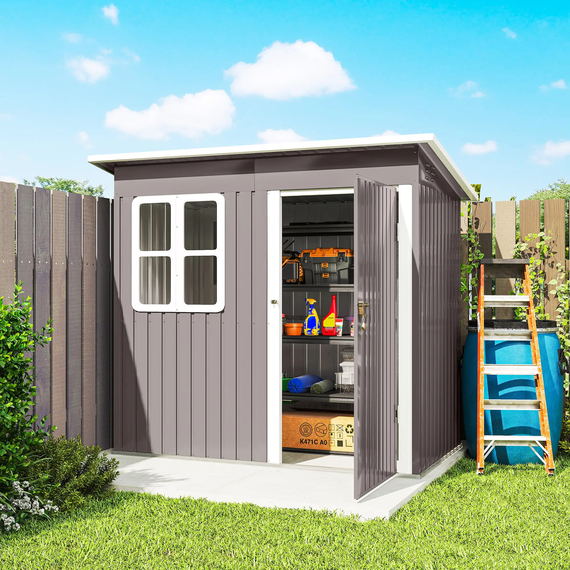 7' x 4' Galvanised Steel Outdoor Storage Shed, Garden Shed With Window, Lockable Door, Air Vents, Warm Grey - Image 10