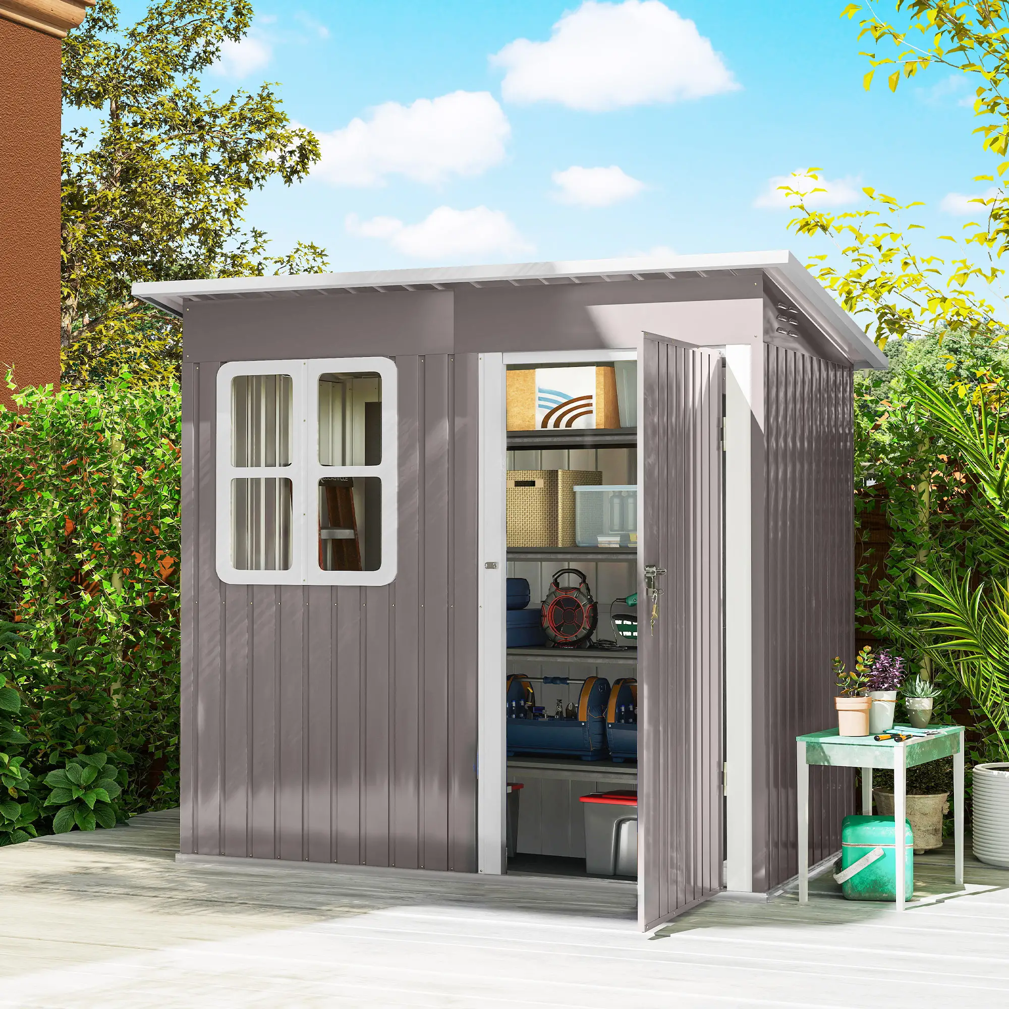 7' x 4' Galvanised Steel Outdoor Storage Shed, Garden Shed With Window, Lockable Door, Air Vents, Warm Grey - Image 2