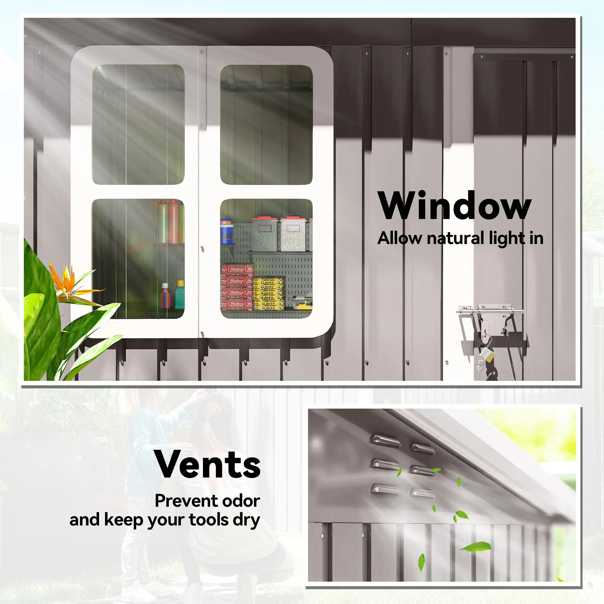 7' x 4' Galvanised Steel Outdoor Storage Shed, Garden Shed With Window, Lockable Door, Air Vents, Warm Grey - Image 5