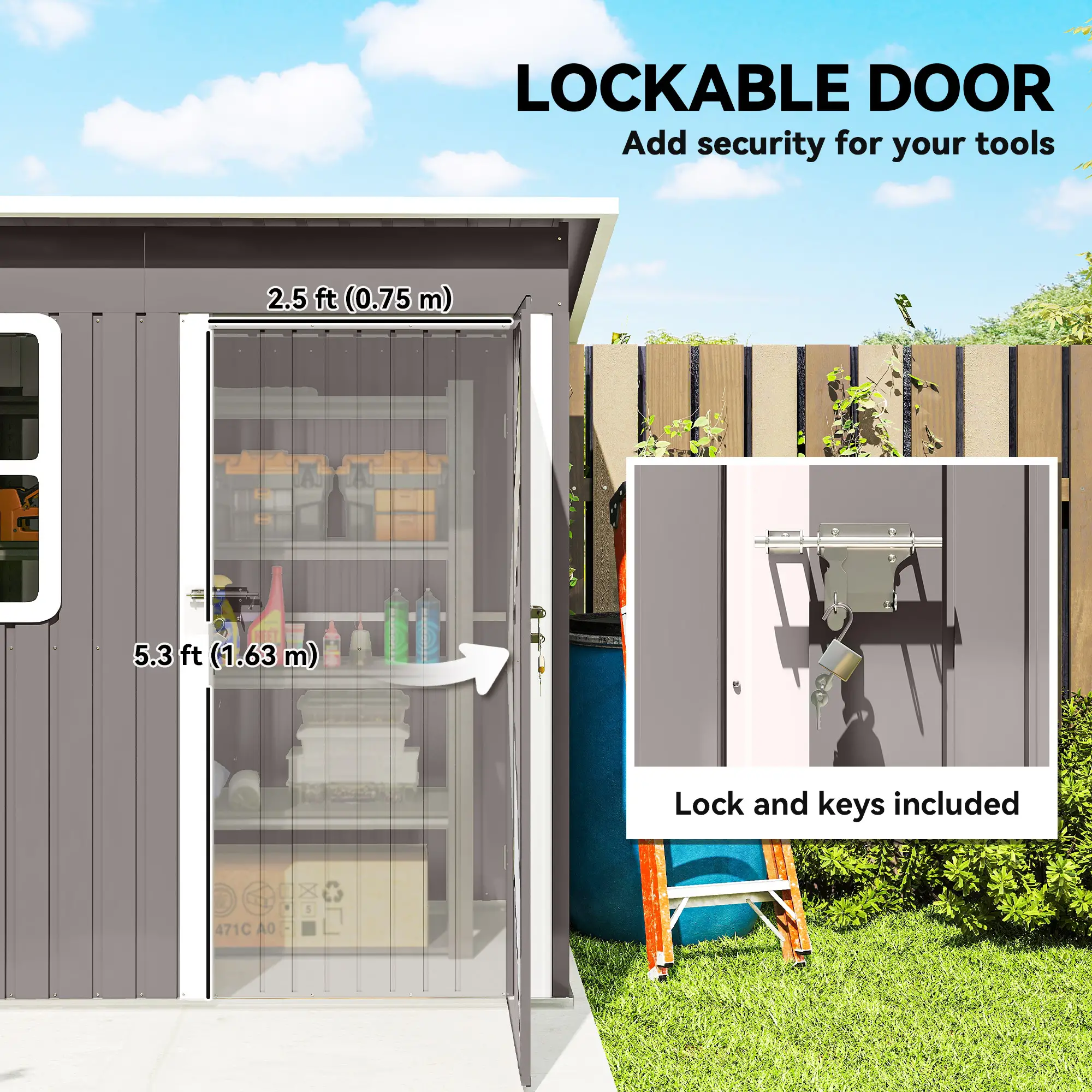 7' x 4' Galvanised Steel Outdoor Storage Shed, Garden Shed With Window, Lockable Door, Air Vents, Warm Grey - Image 6