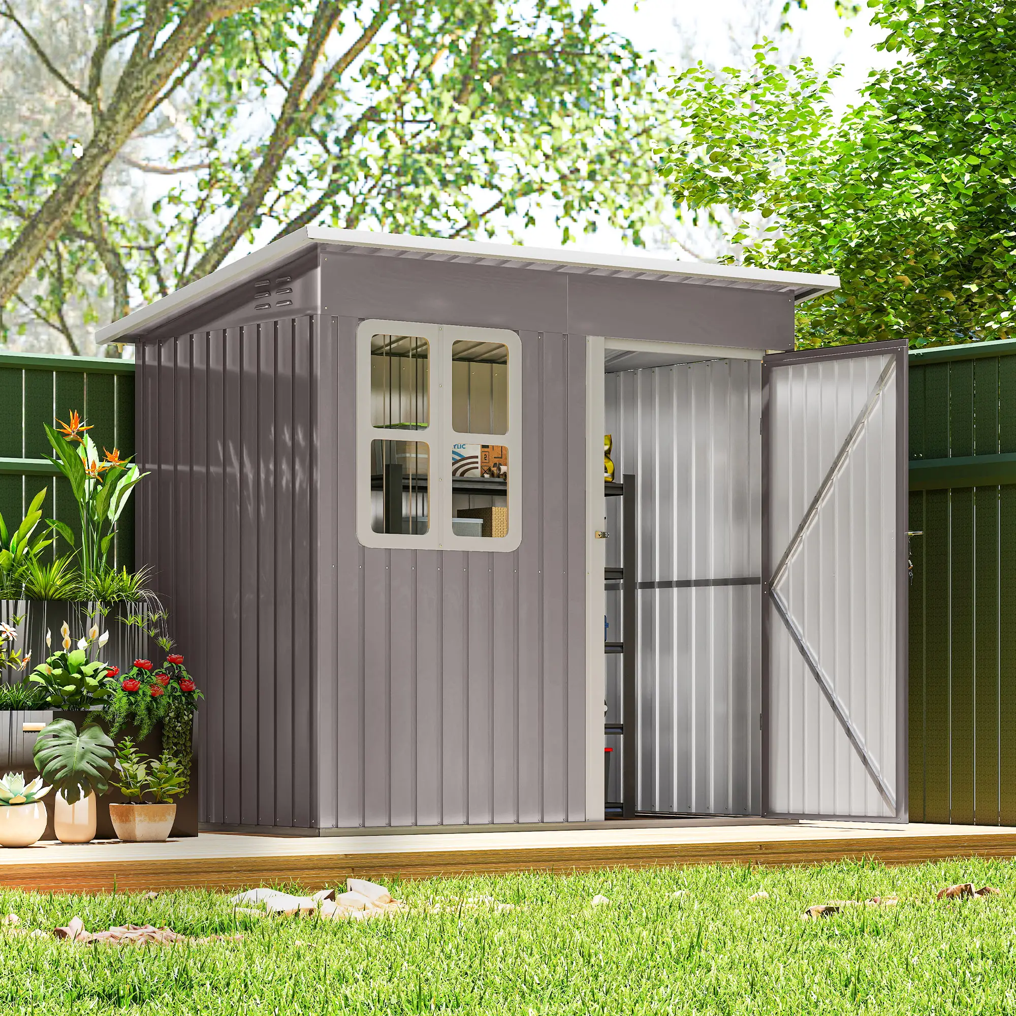 7' x 4' Galvanised Steel Outdoor Storage Shed, Garden Shed With Window, Lockable Door, Air Vents, Warm Grey - Image 8