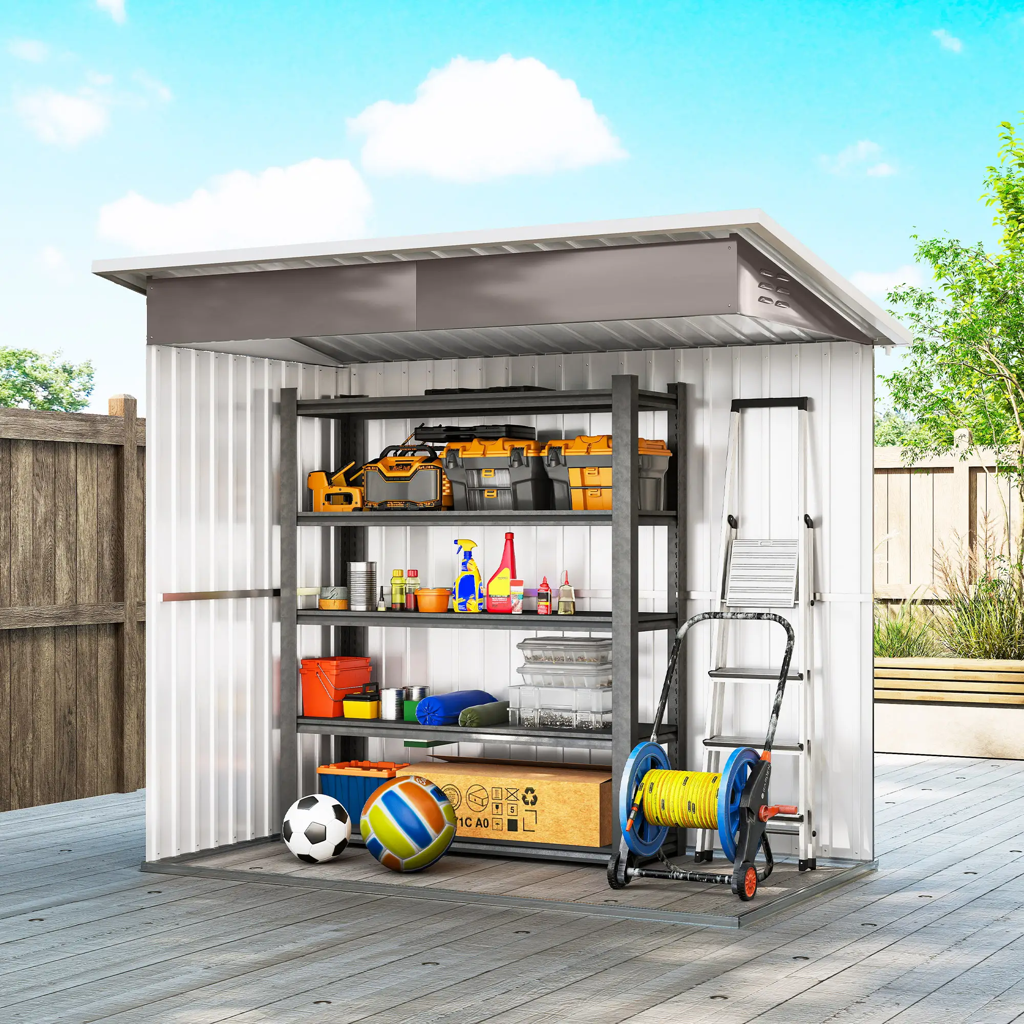 7' x 4' Galvanised Steel Outdoor Storage Shed, Garden Shed With Window, Lockable Door, Air Vents, Warm Grey - Image 9