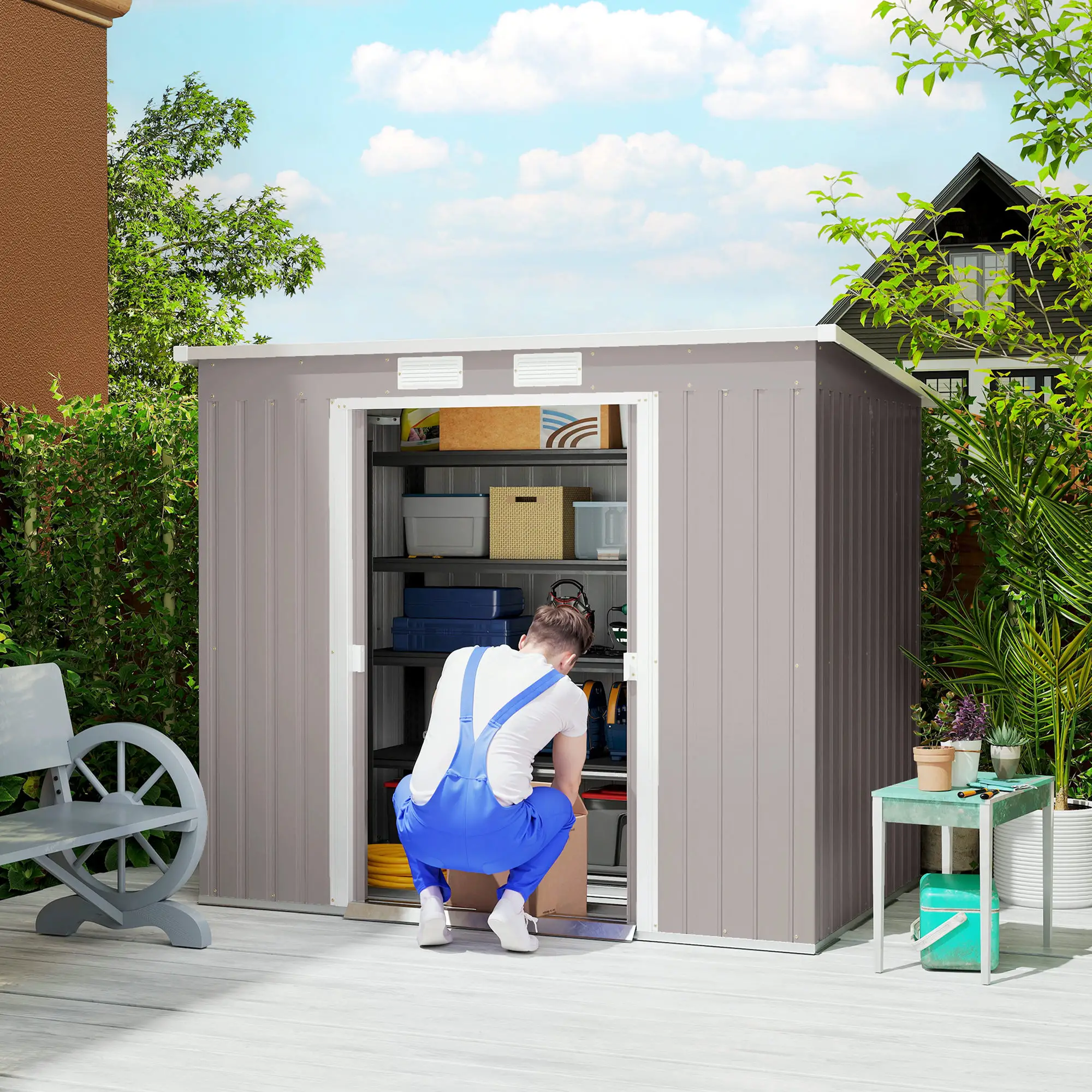 7' x 4' Galvanized Steel Garden Shed, Foundation Kit, Grey - Image 2