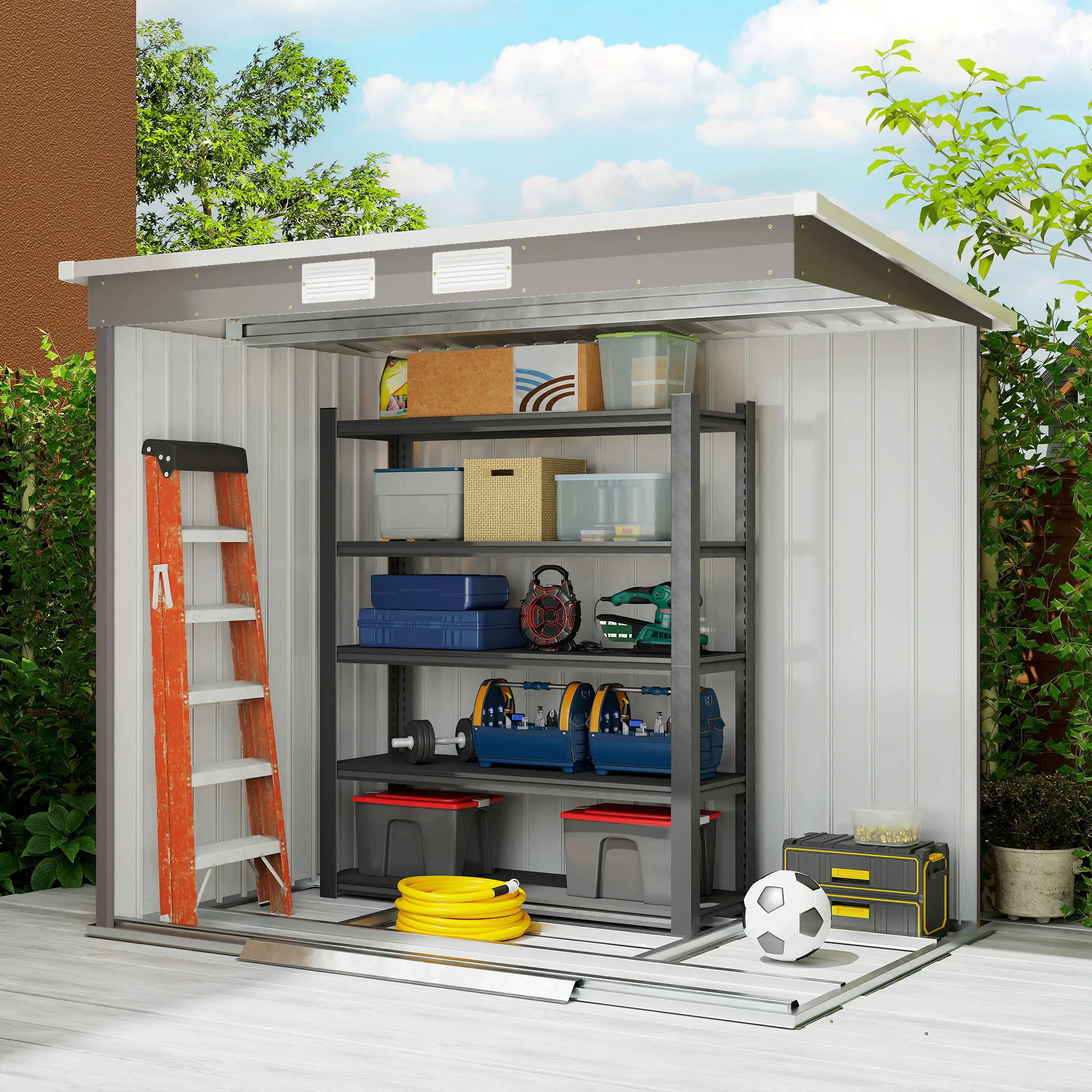 7' x 4' Galvanized Steel Garden Shed, Foundation Kit, Grey - Image 9