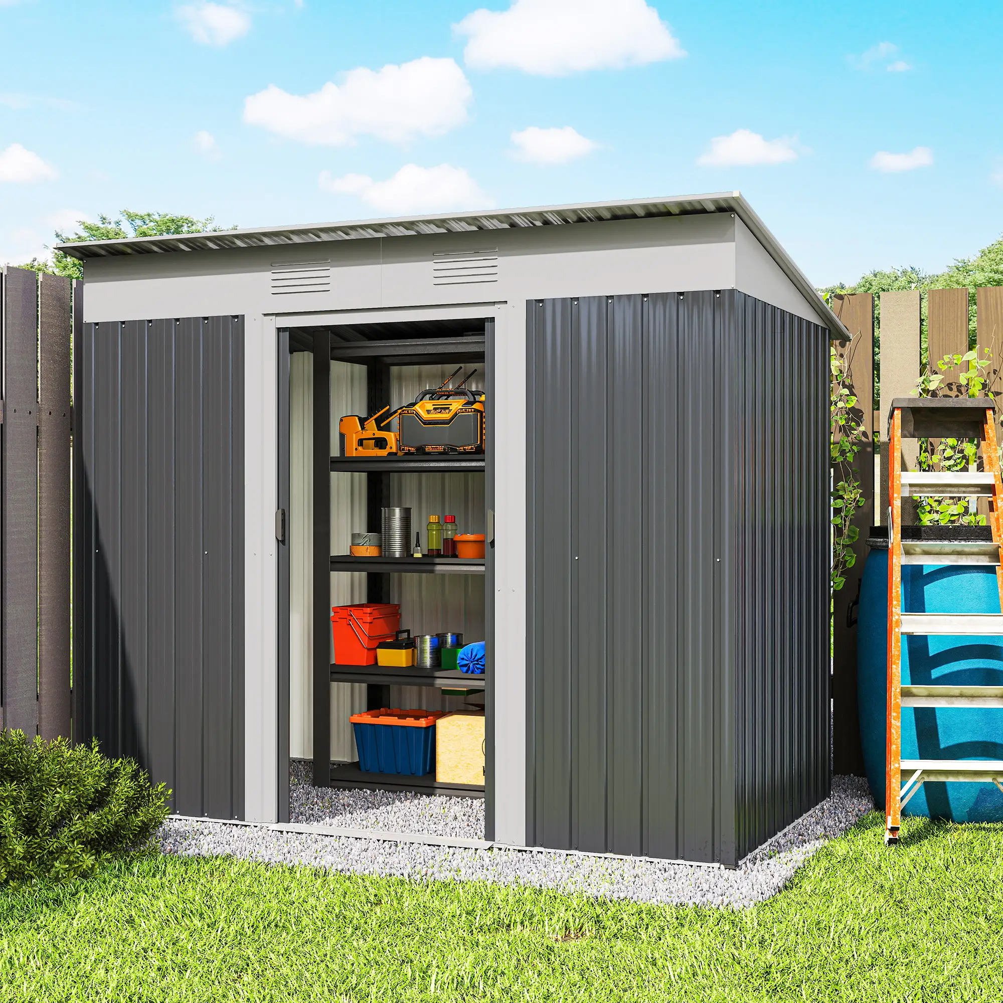7' x 4' Outdoor Storage Shed, Metal Garden Tool Organizer, Lockable Doors, Charcoal Grey - Image 10