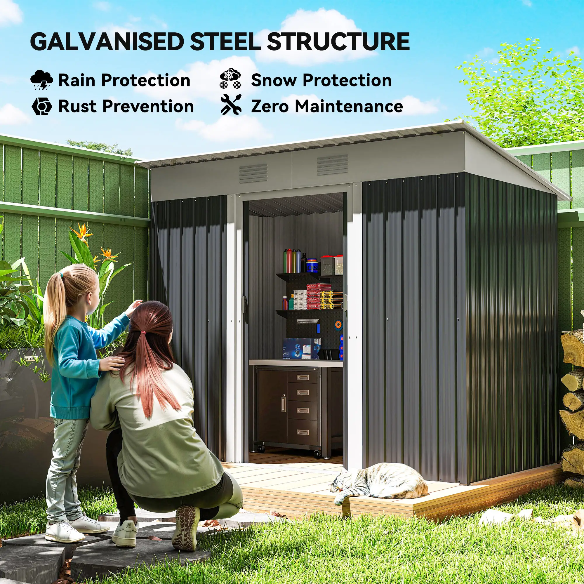 7' x 4' Outdoor Storage Shed, Metal Garden Tool Organizer, Lockable Doors, Charcoal Grey - Image 4