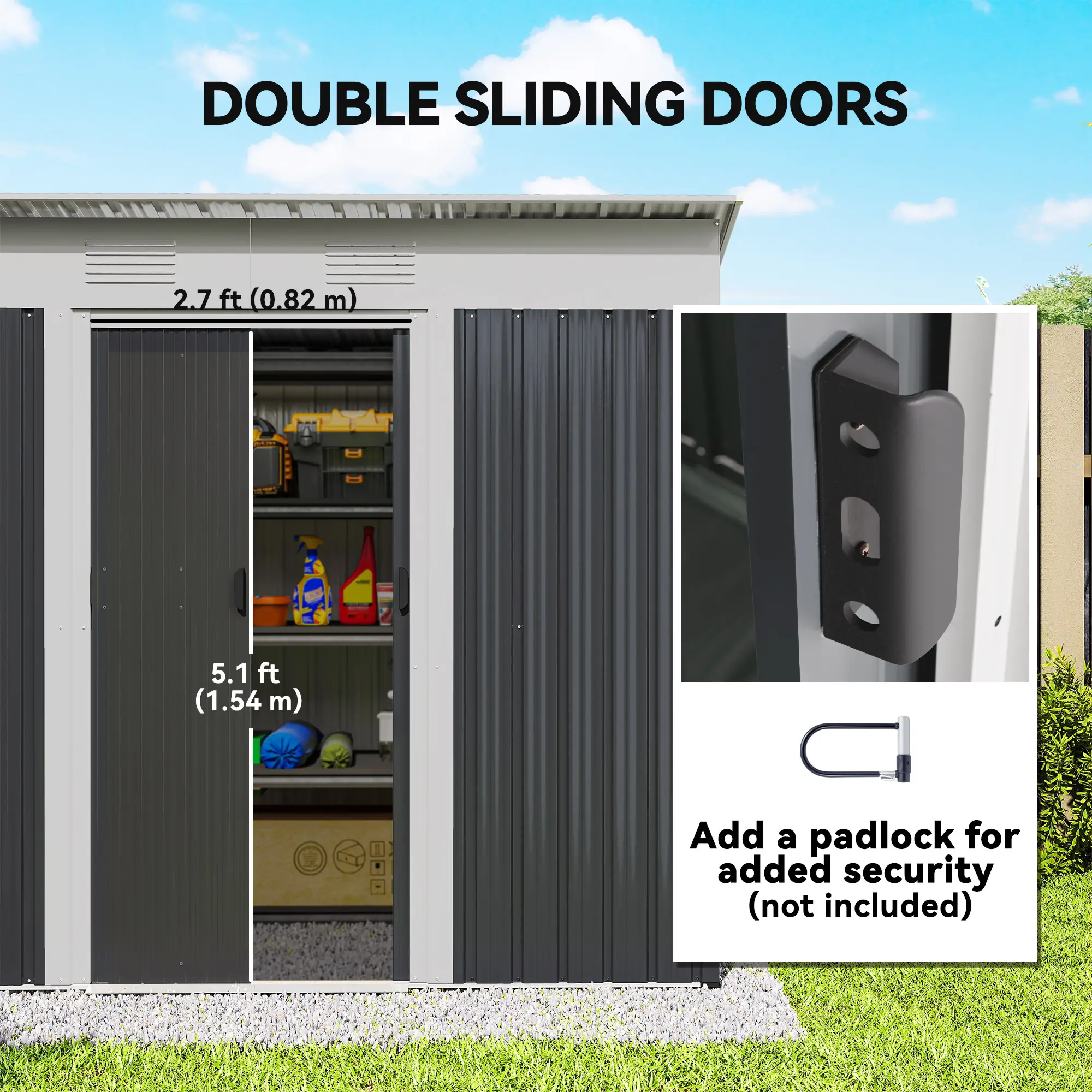 7' x 4' Outdoor Storage Shed, Metal Garden Tool Organizer, Lockable Doors, Charcoal Grey - Image 5