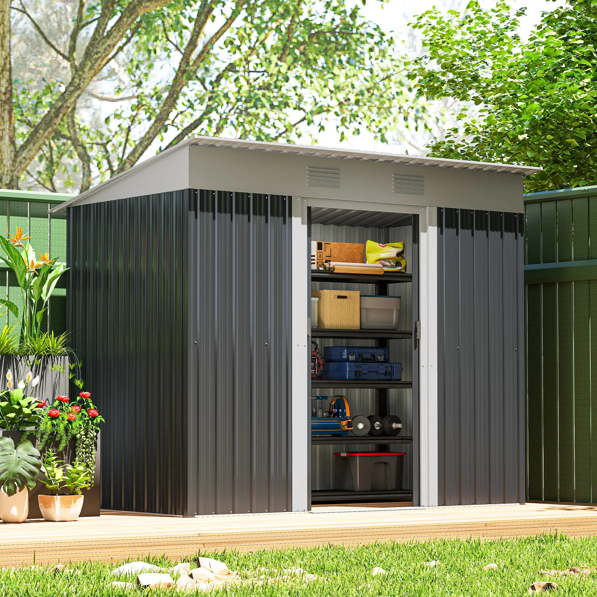 7' x 4' Outdoor Storage Shed, Metal Garden Tool Organizer, Lockable Doors, Charcoal Grey - Image 8