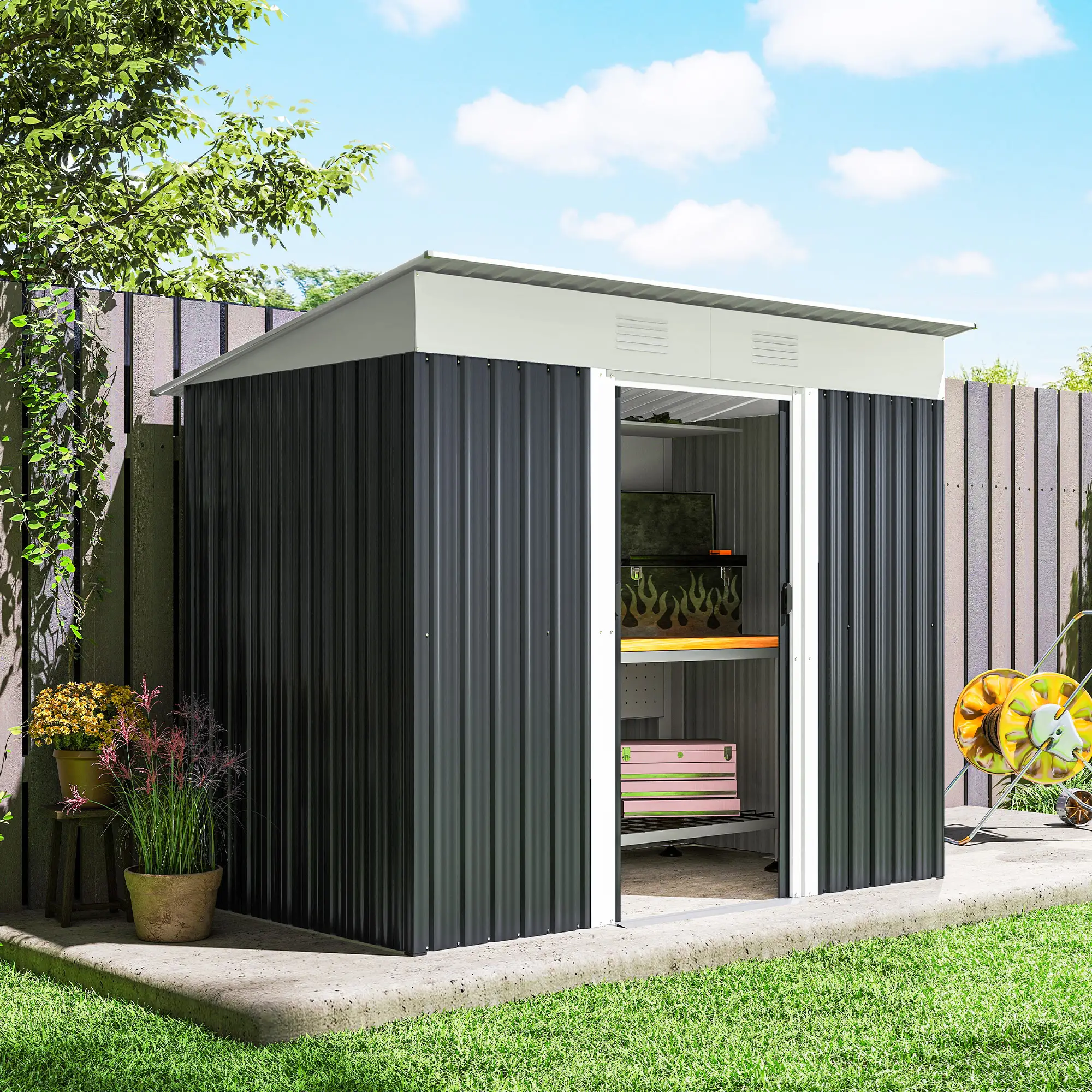 7' x 4' Outdoor Storage Shed, Metal Garden Tool Organizer, Lockable Doors, Charcoal Grey - Image 9