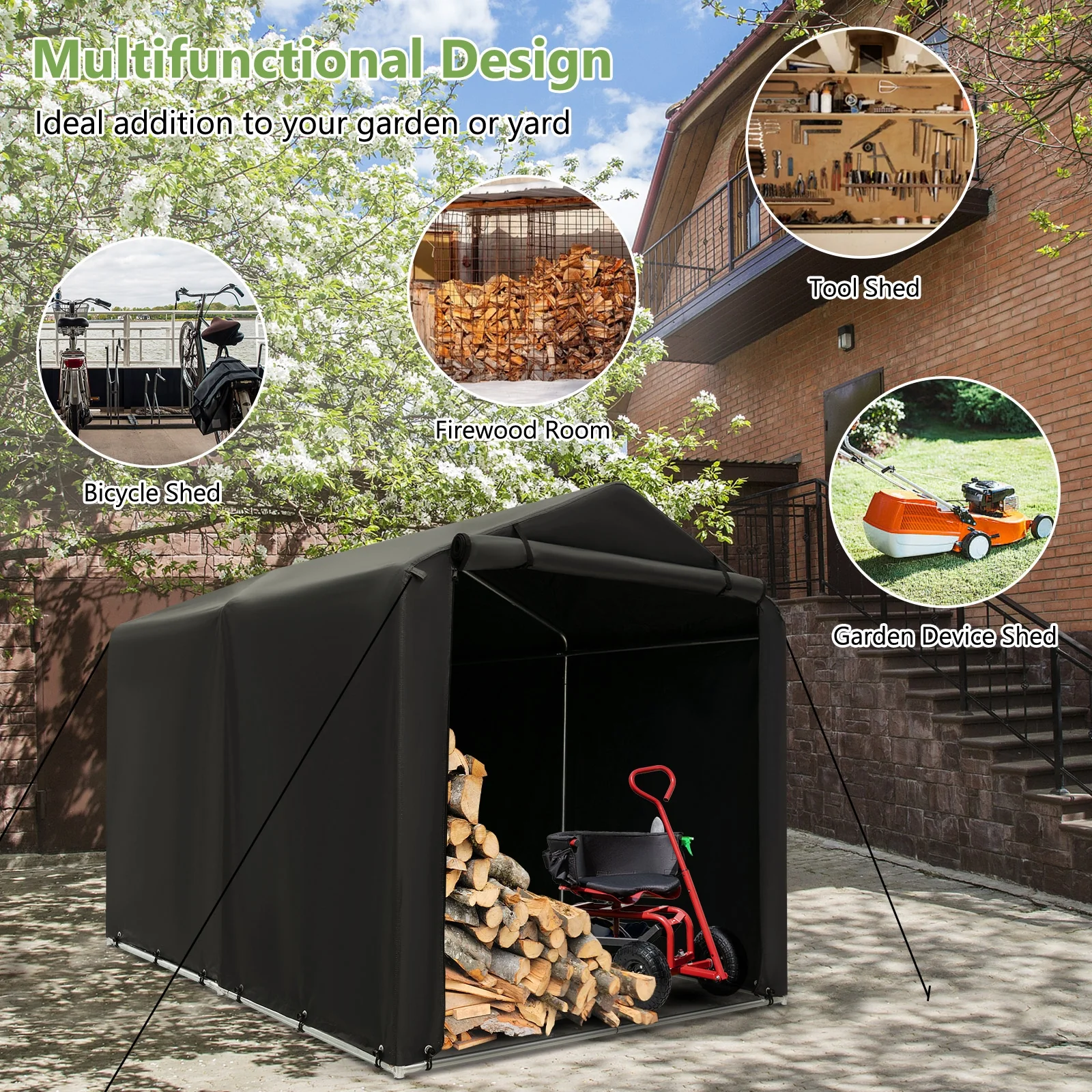 7 x 5.2FT Storage Shelter, Bike Tent With Waterproof Cover, Gray - Image 9