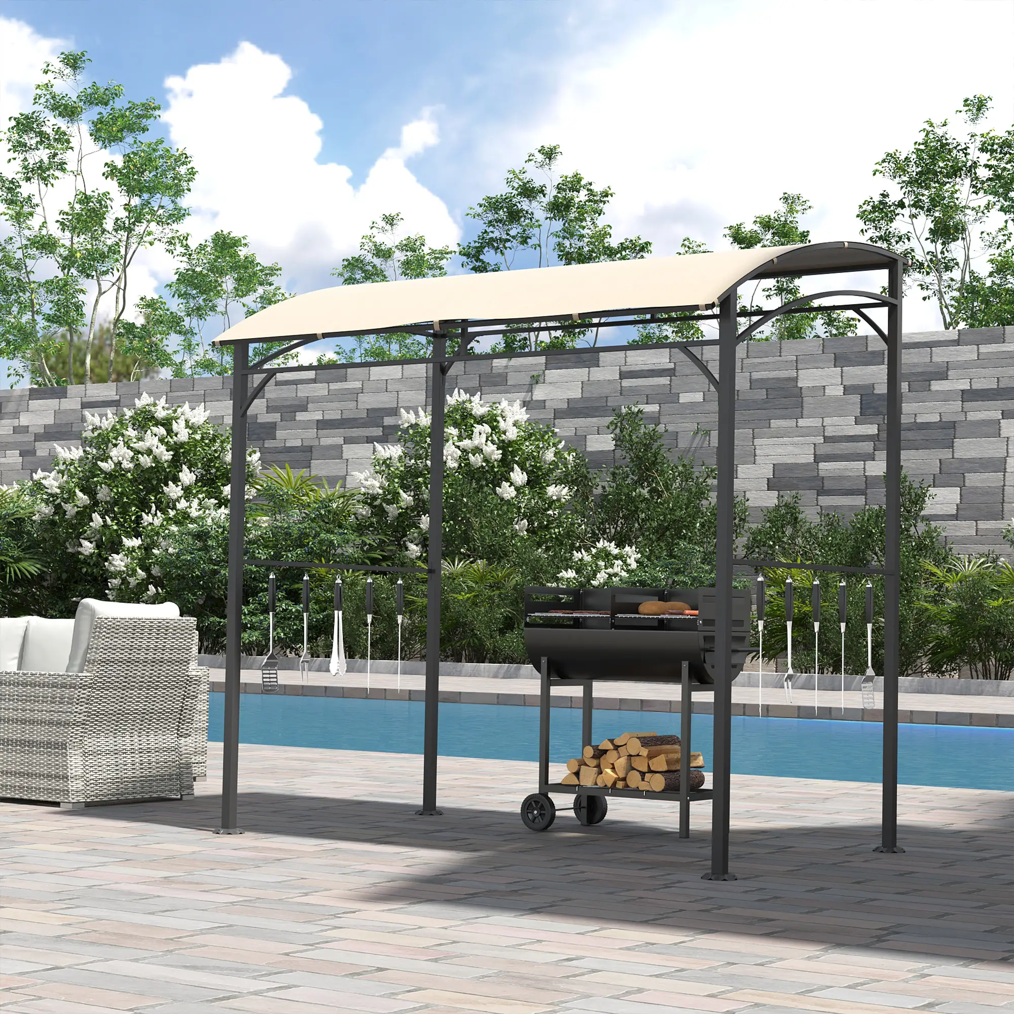 7' x 5' BBQ Grill Gazebo Tent, Steel Frame, Hooks, Beige - Image 2