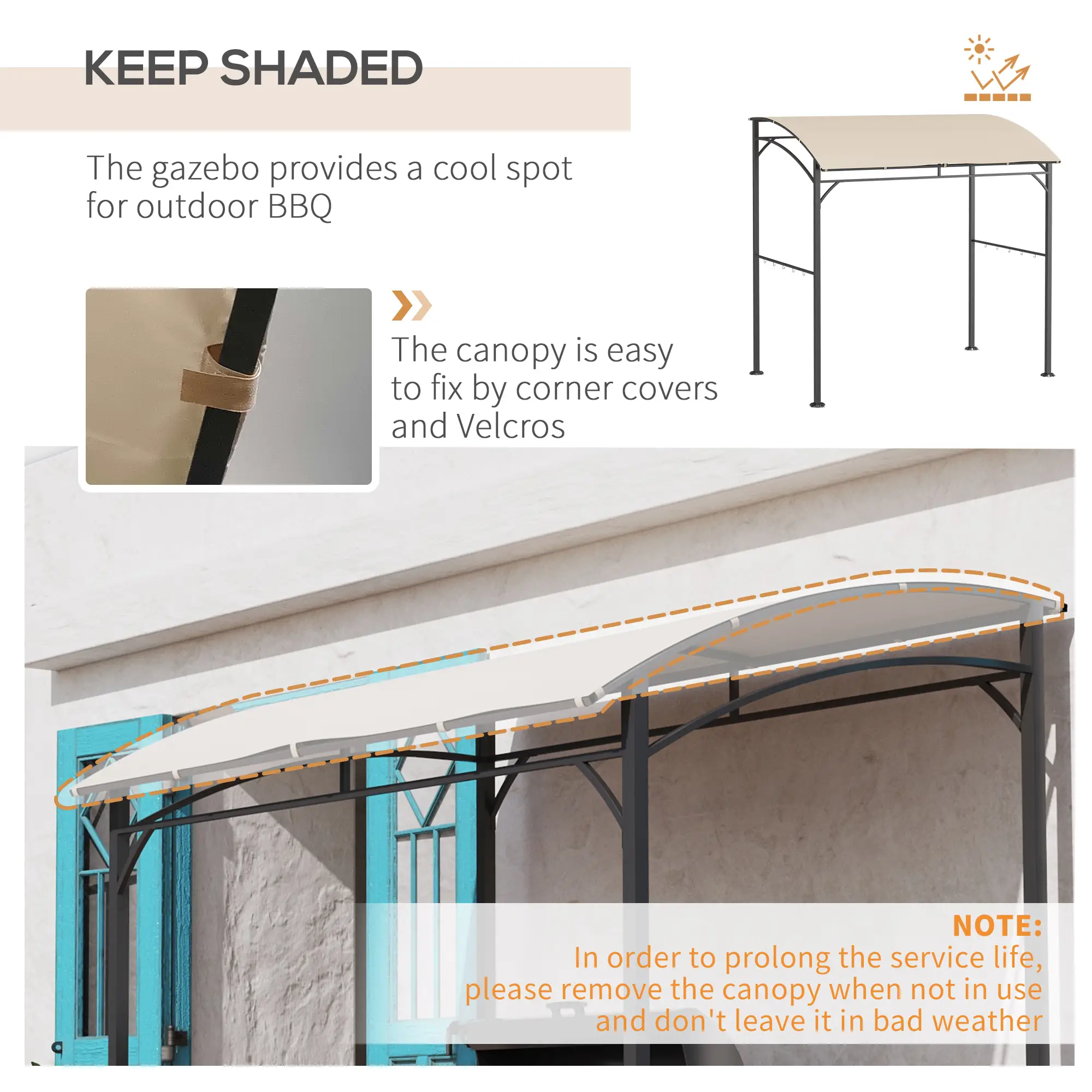 7' x 5' BBQ Grill Gazebo Tent, Steel Frame, Hooks, Beige - Image 4