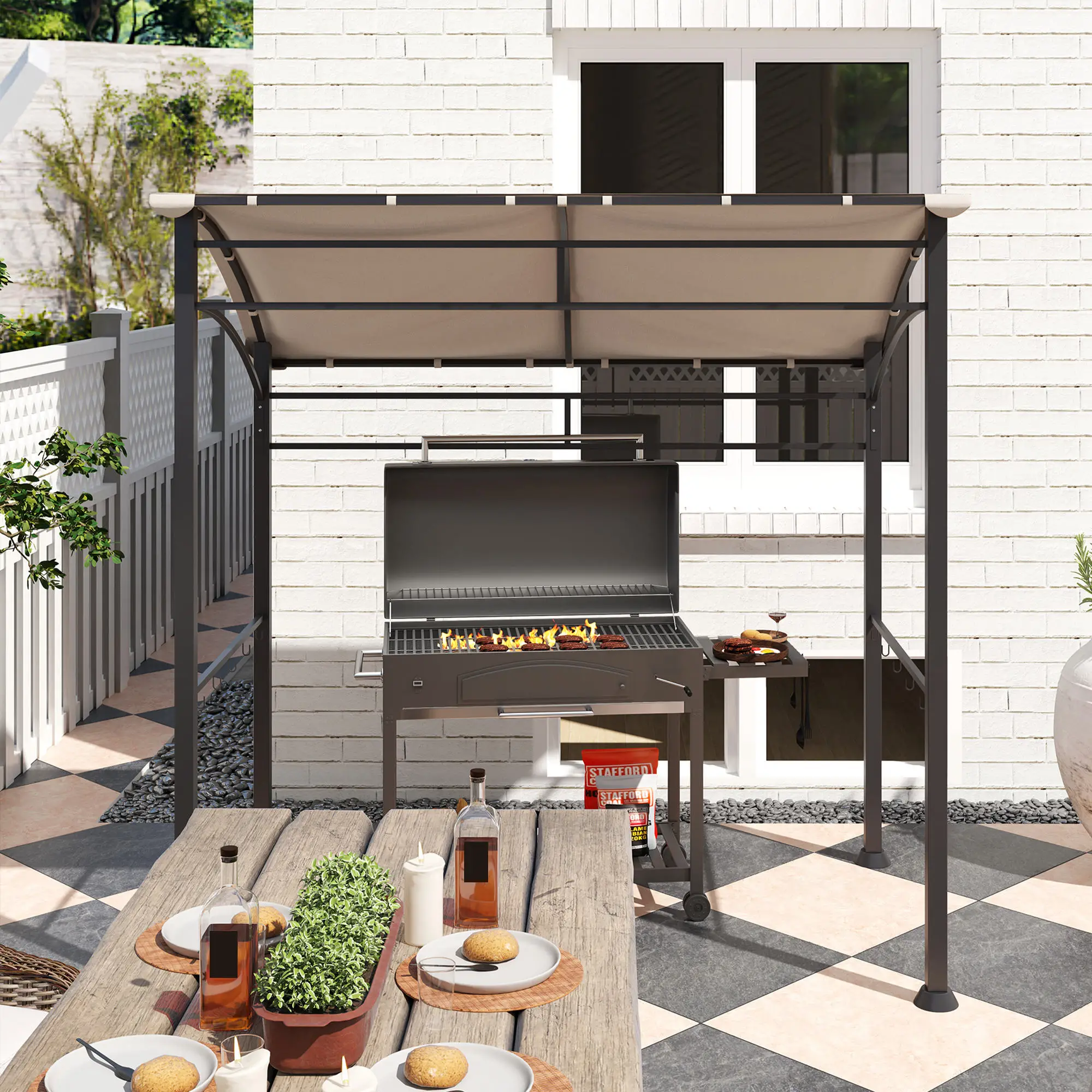 7' x 5' BBQ Grill Gazebo Tent, Steel Frame, Hooks, Khaki - Image 10