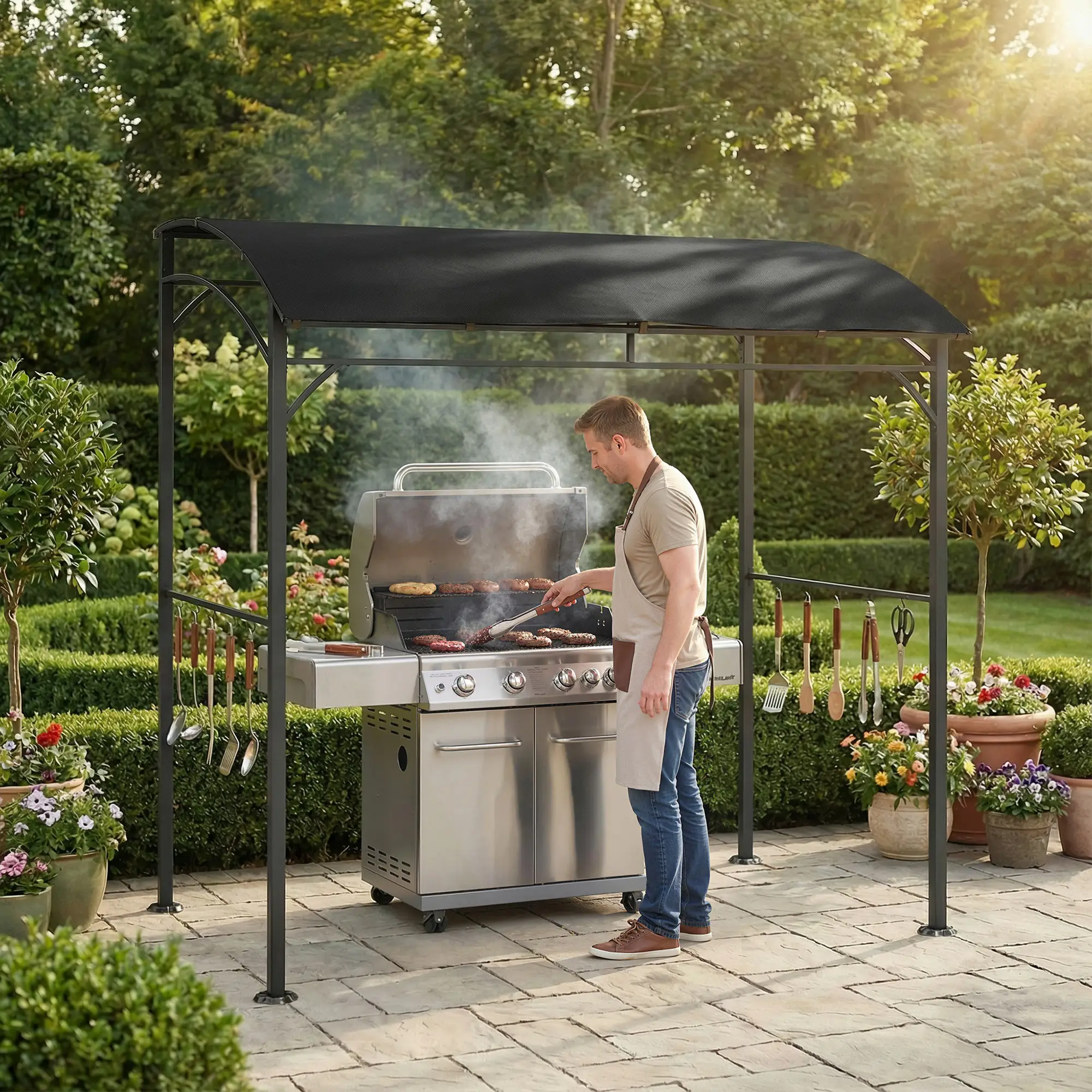 7' x 5' Black Garden Grill Canopy, BBQ Gazebo Tent With Steel Frame, Black - Image 2