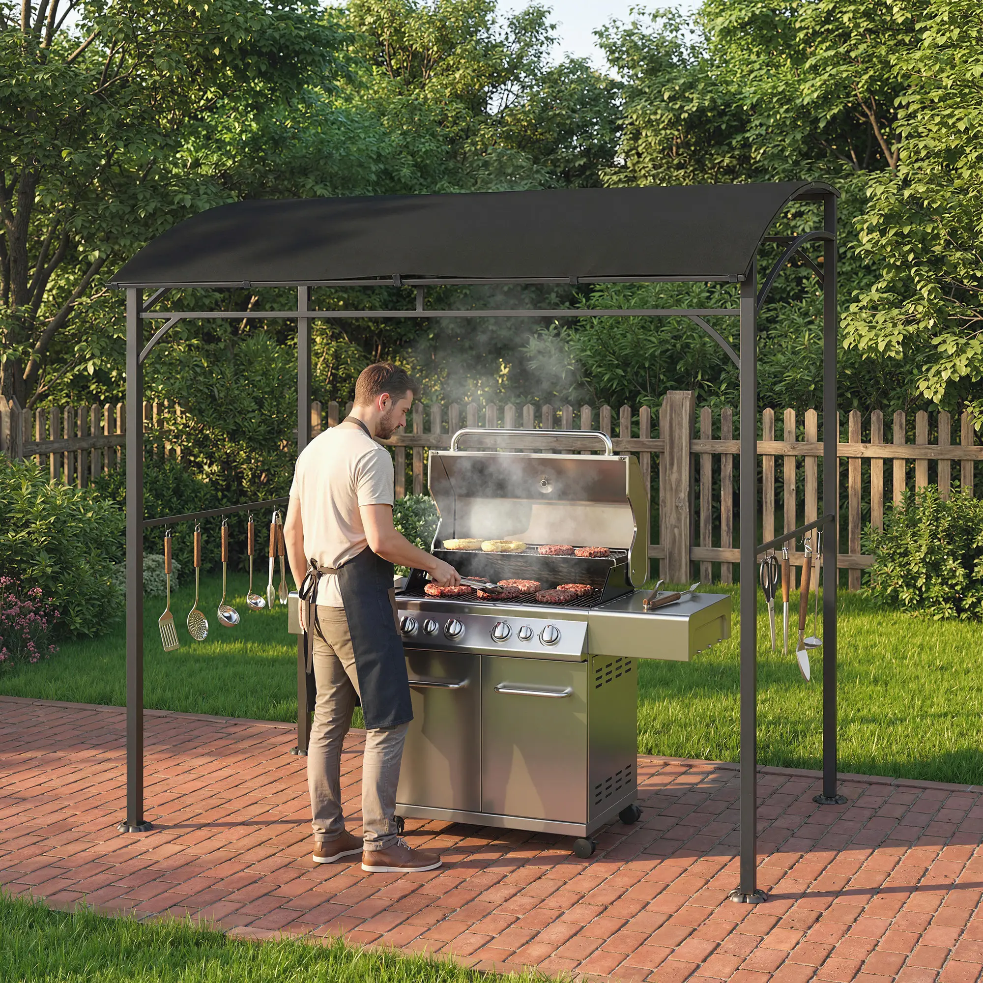 7' x 5' Black Garden Grill Canopy, BBQ Gazebo Tent With Steel Frame, Black - Image 7