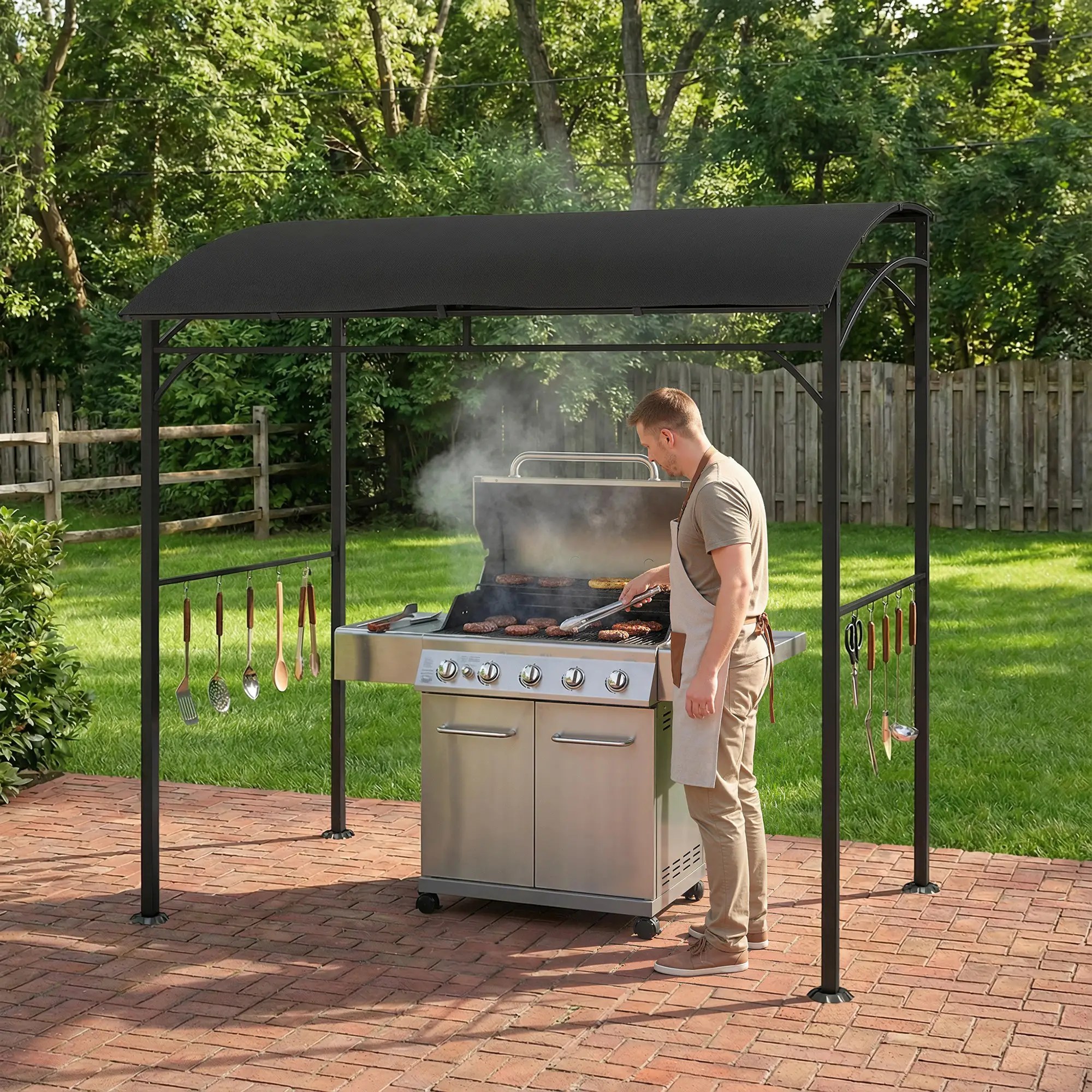 7' x 5' Black Garden Grill Canopy, BBQ Gazebo Tent With Steel Frame, Black - Image 8