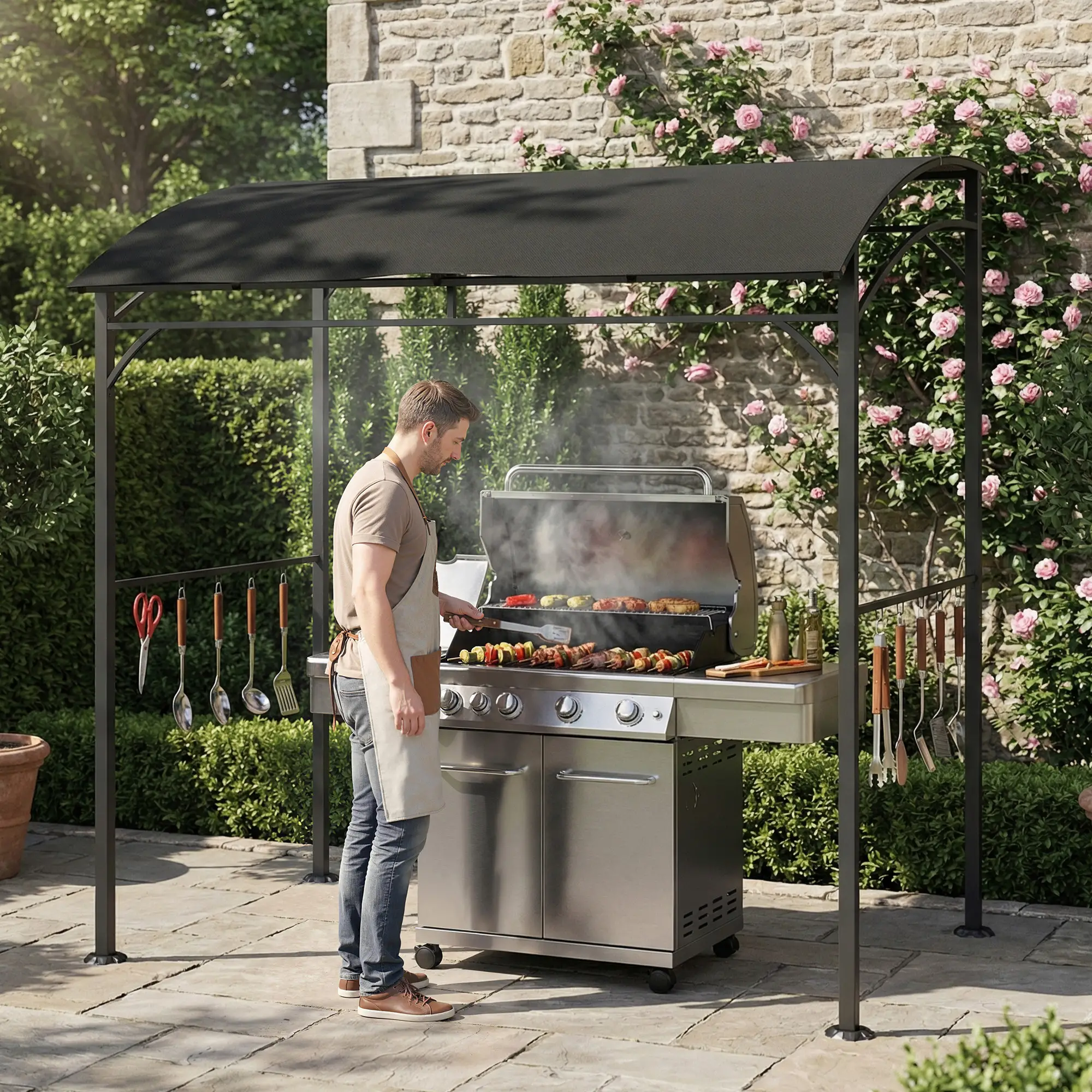 7' x 5' Black Garden Grill Canopy, BBQ Gazebo Tent With Steel Frame, Black - Image 9