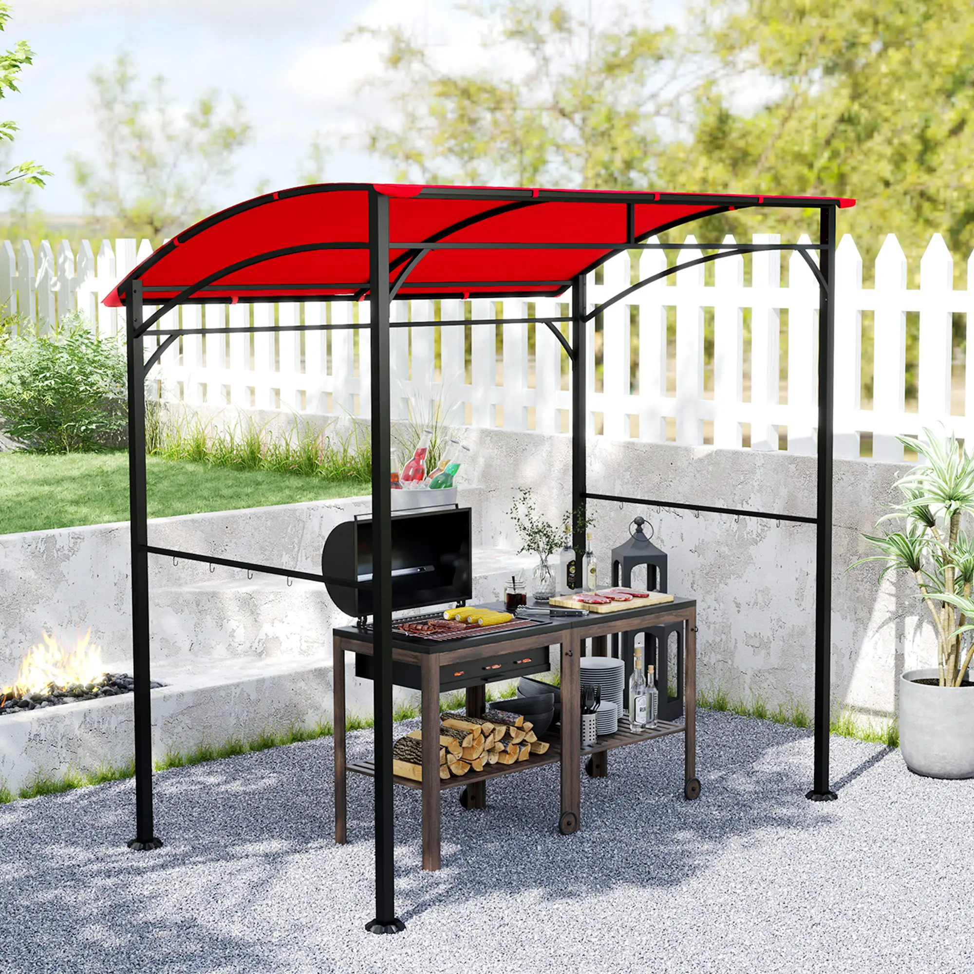 7' x 5' Garden Grill Canopy, BBQ Gazebo Tent, Steel Frame, Wine Red - Image 2
