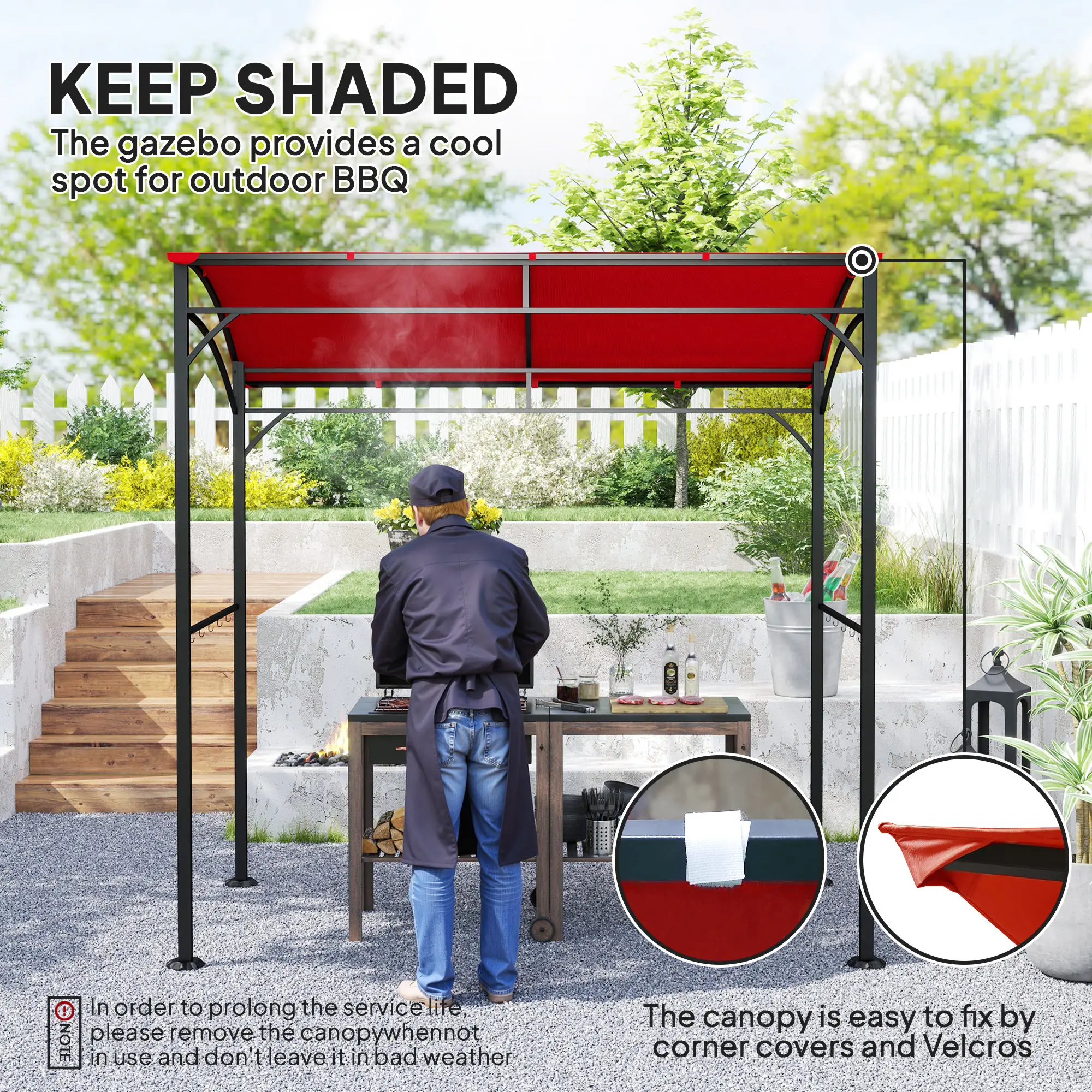 7' x 5' Garden Grill Canopy, BBQ Gazebo Tent, Steel Frame, Wine Red - Image 4
