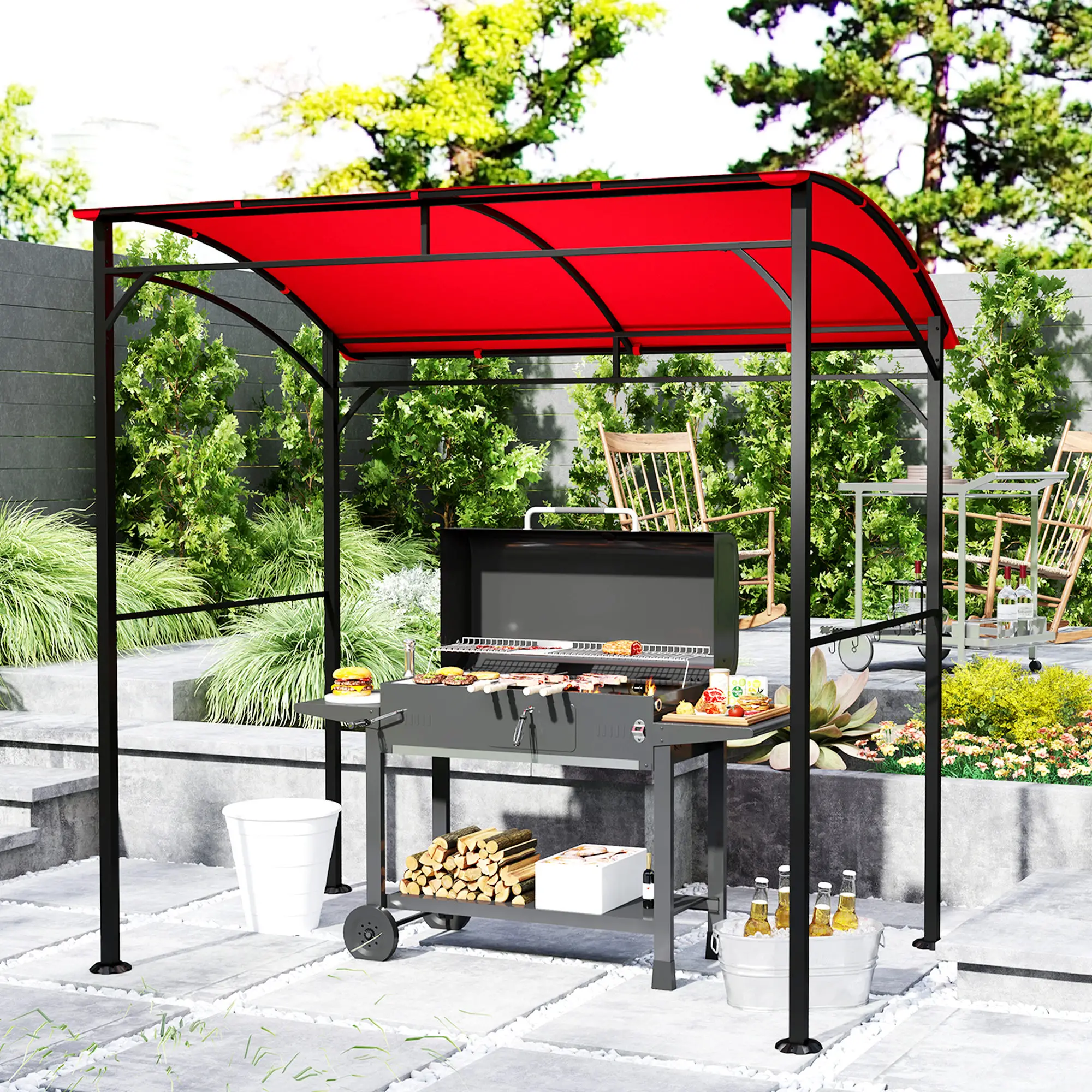 7' x 5' Garden Grill Canopy, BBQ Gazebo Tent, Steel Frame, Wine Red - Image 8