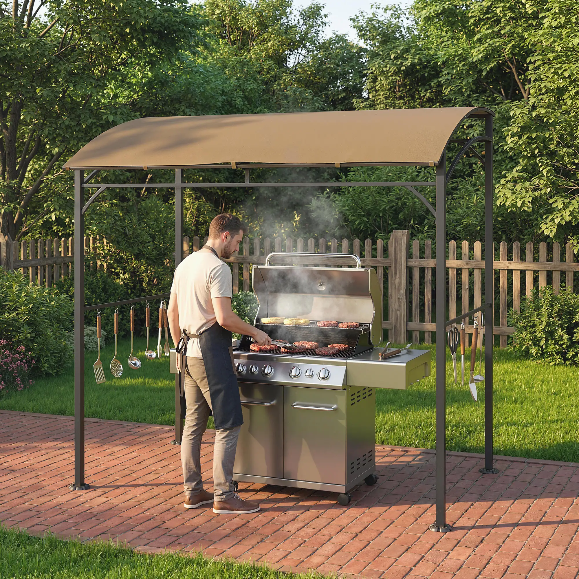 7' x 5' Garden Grill Canopy, Steel Frame with Hooks, Dark Coffee - Image 7