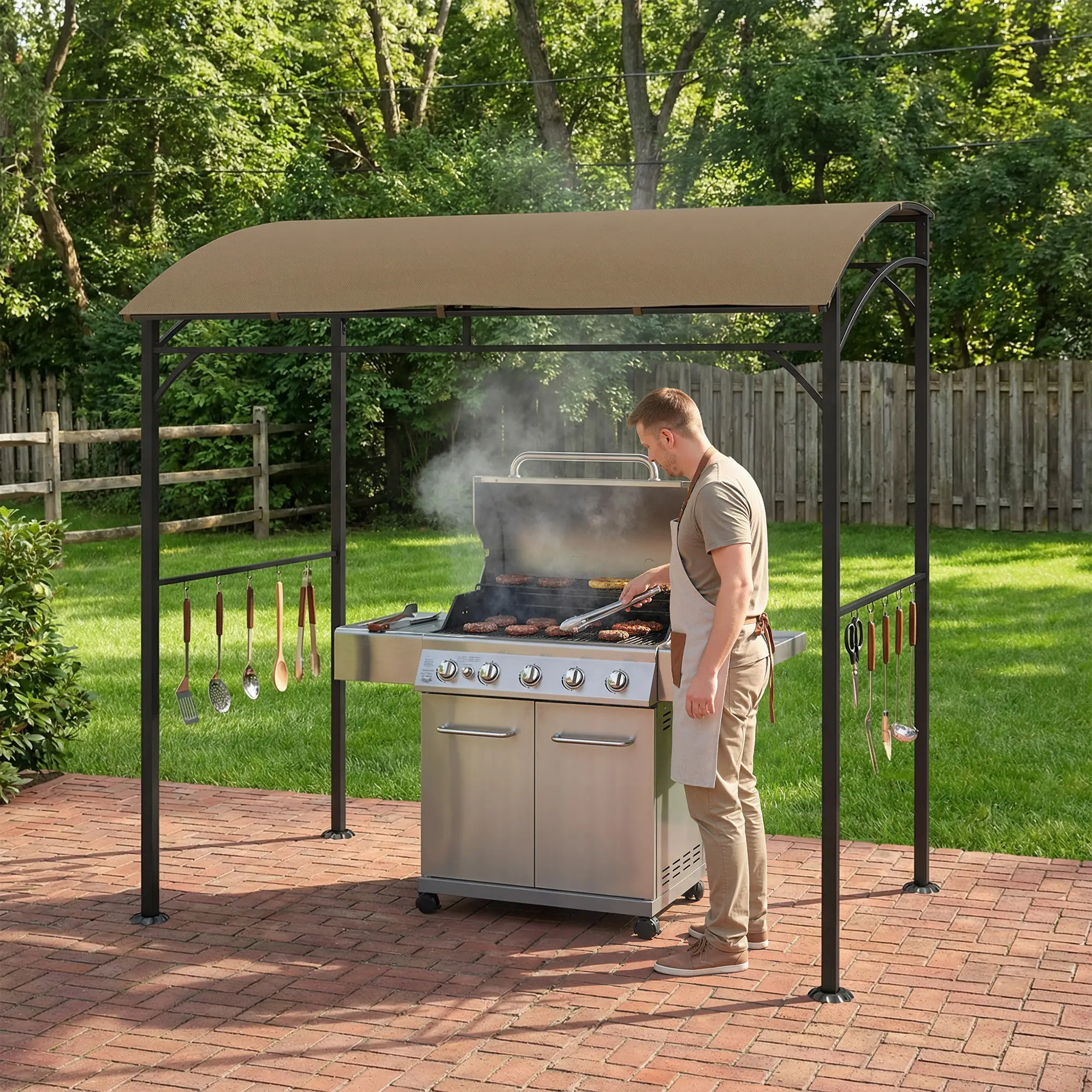 7' x 5' Garden Grill Canopy, Steel Frame with Hooks, Dark Coffee - Image 8