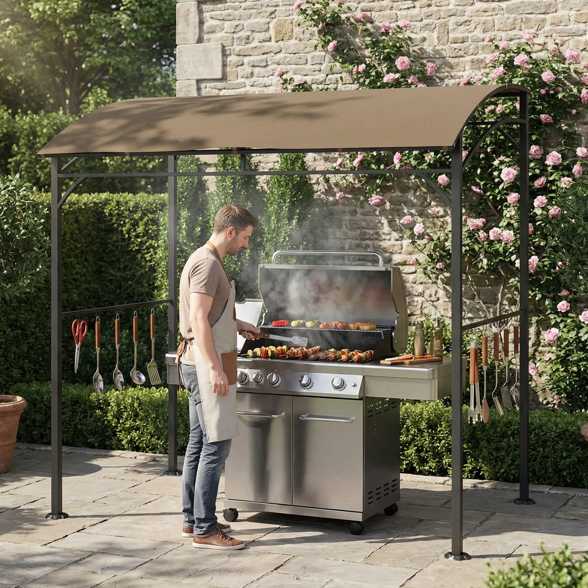 7' x 5' Garden Grill Canopy, Steel Frame with Hooks, Dark Coffee - Image 9