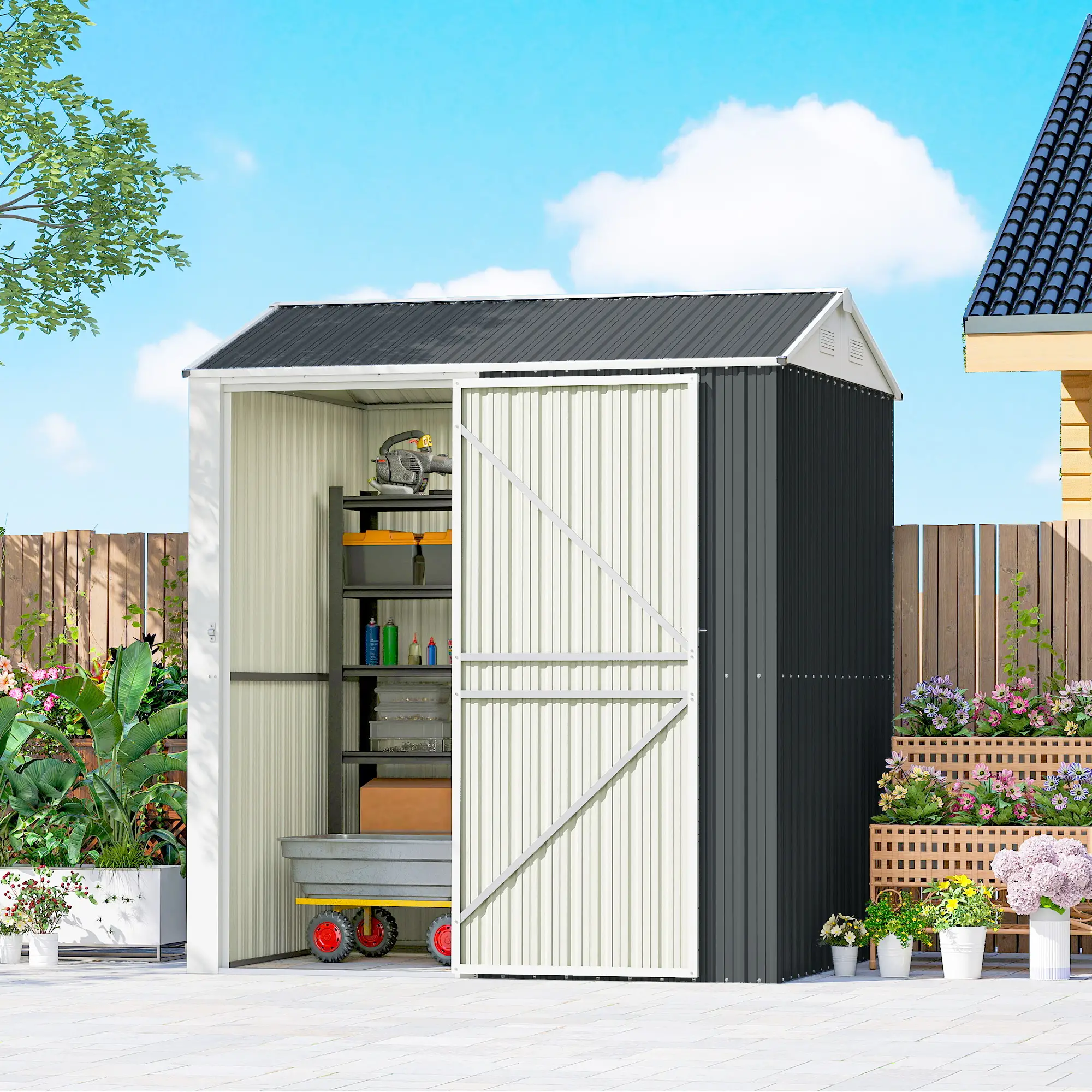 7' x 6' Tall Outdoor Storage Shed, Waterproof Metal Garden Shed, Dark Grey - Image 2