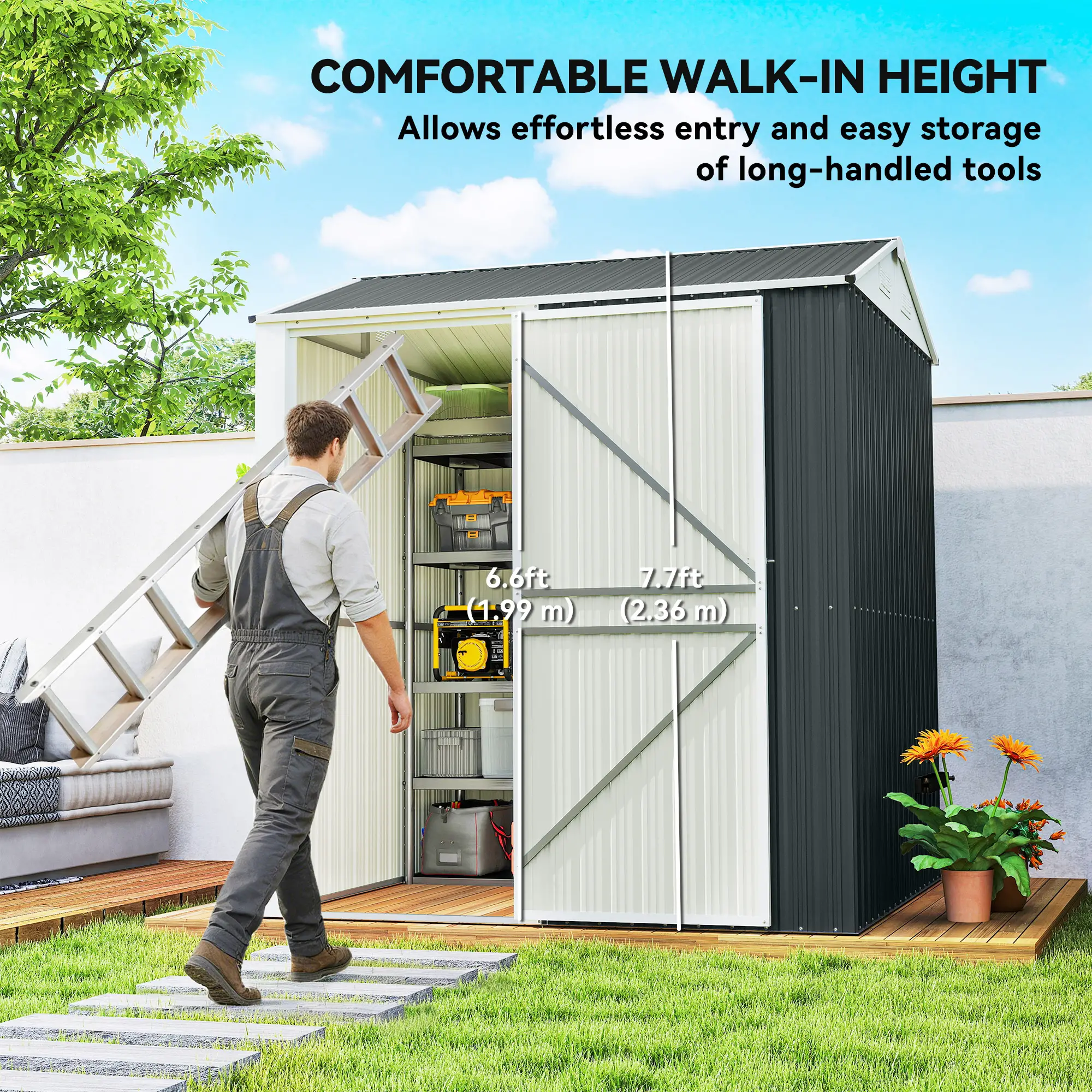 7' x 6' Tall Outdoor Storage Shed, Waterproof Metal Garden Shed, Dark Grey - Image 4