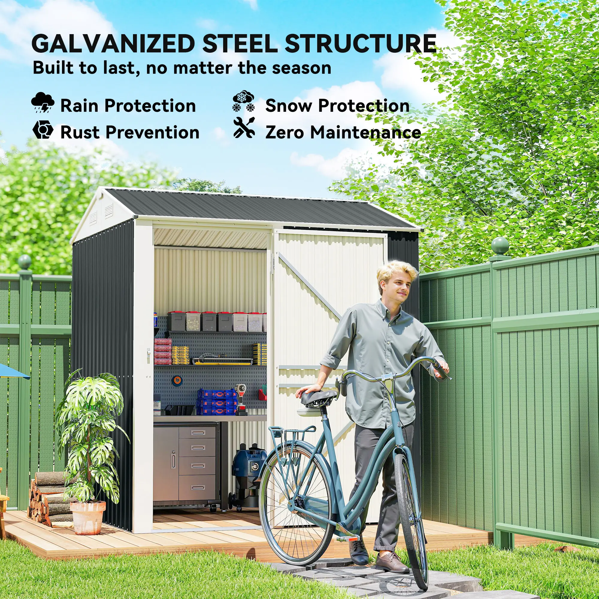 7' x 6' Tall Outdoor Storage Shed, Waterproof Metal Garden Shed, Dark Grey - Image 5